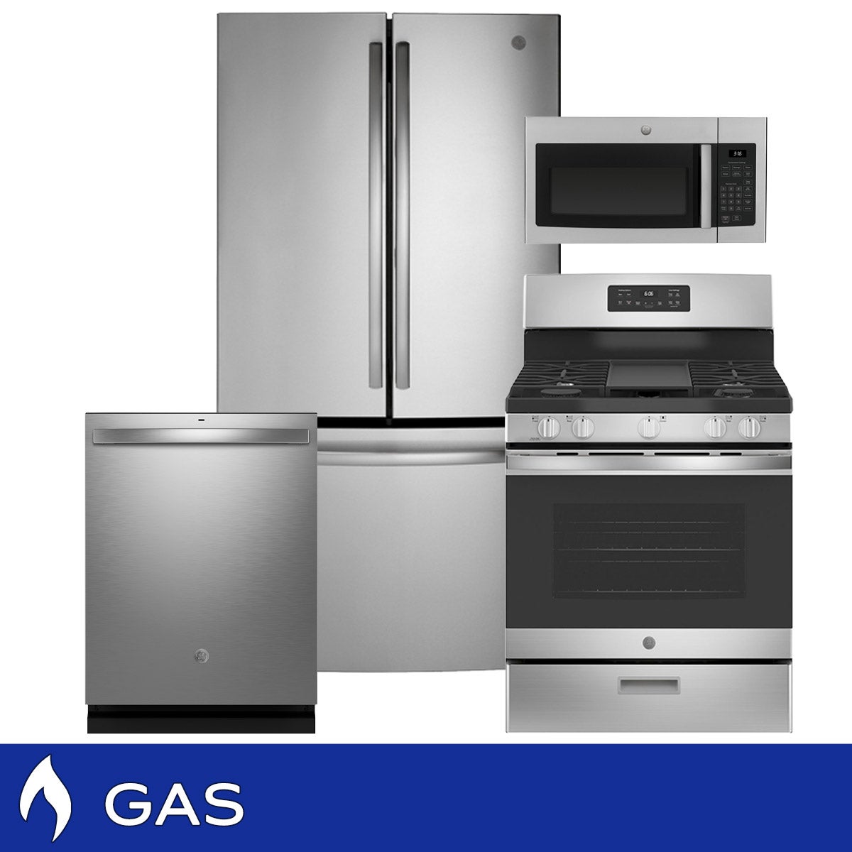 GE 4-piece Gas Kitchen Package with 27 cu. ft. Standard Depth 3-Door French Door Refrigerator