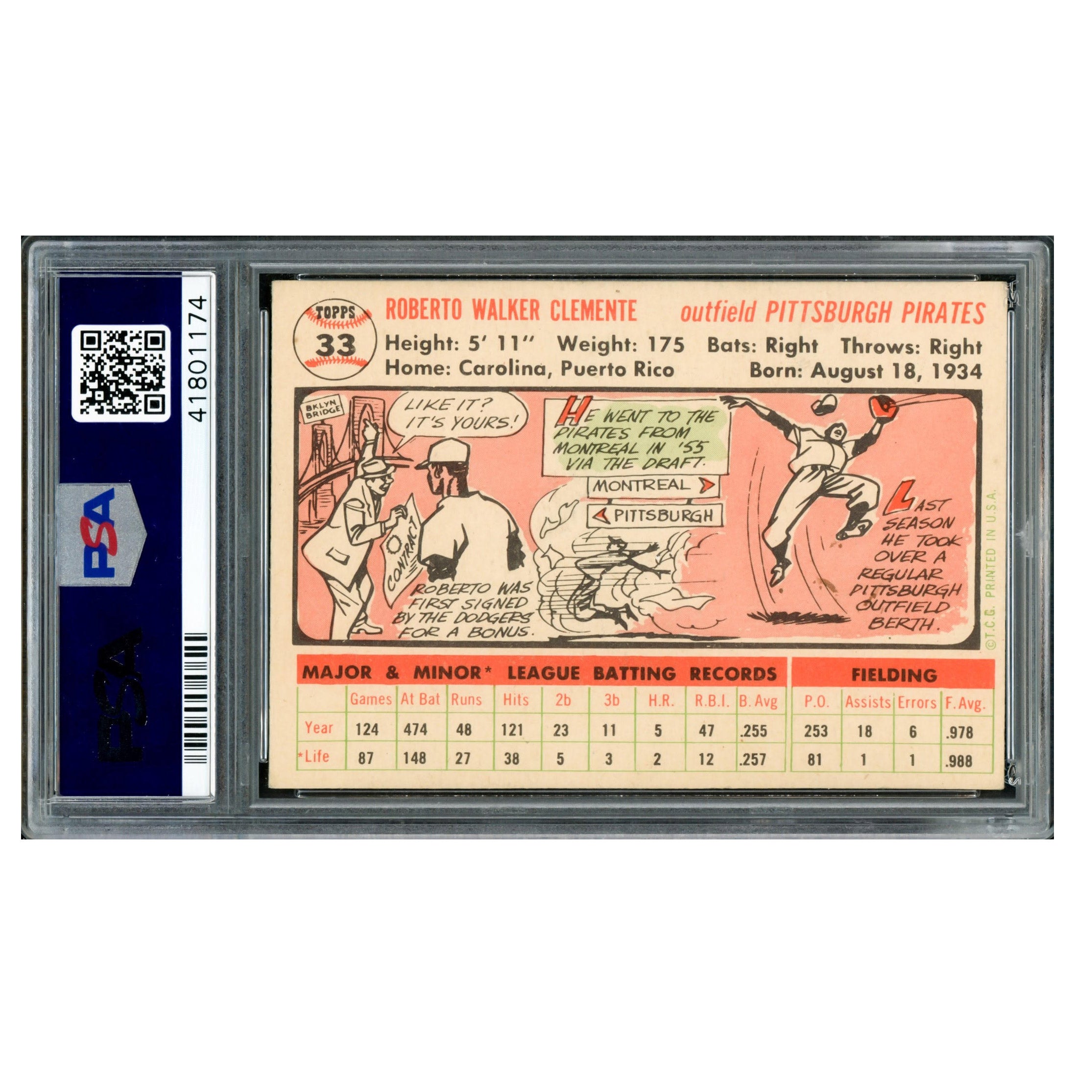 Roberto Clemente Autographed 1956 Topps Card #33 PSA/DNA