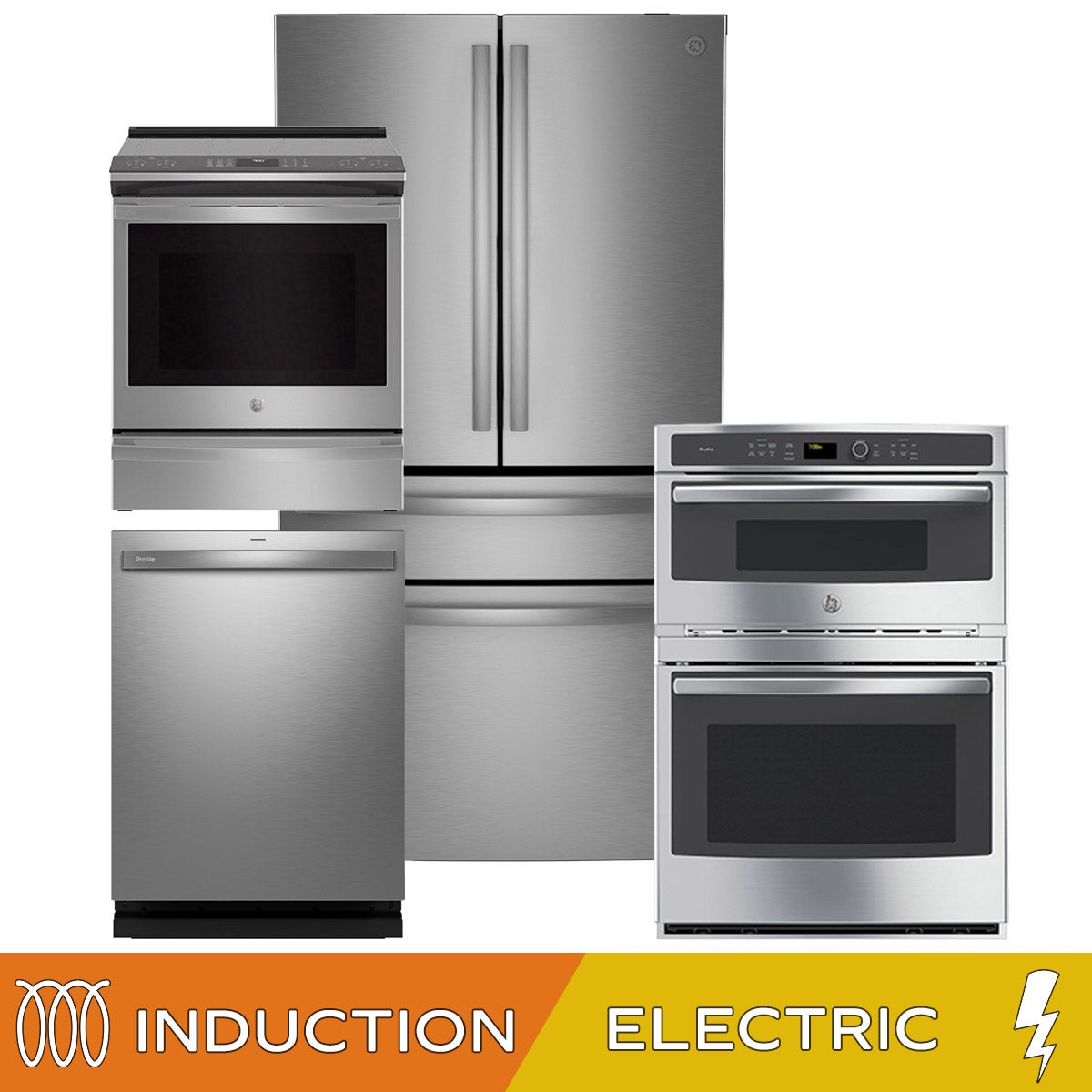 GE Profile 4-piece Induction Kitchen Package with 28.7 cu. ft. Standard Depth 4-Door French Door Refrigerator