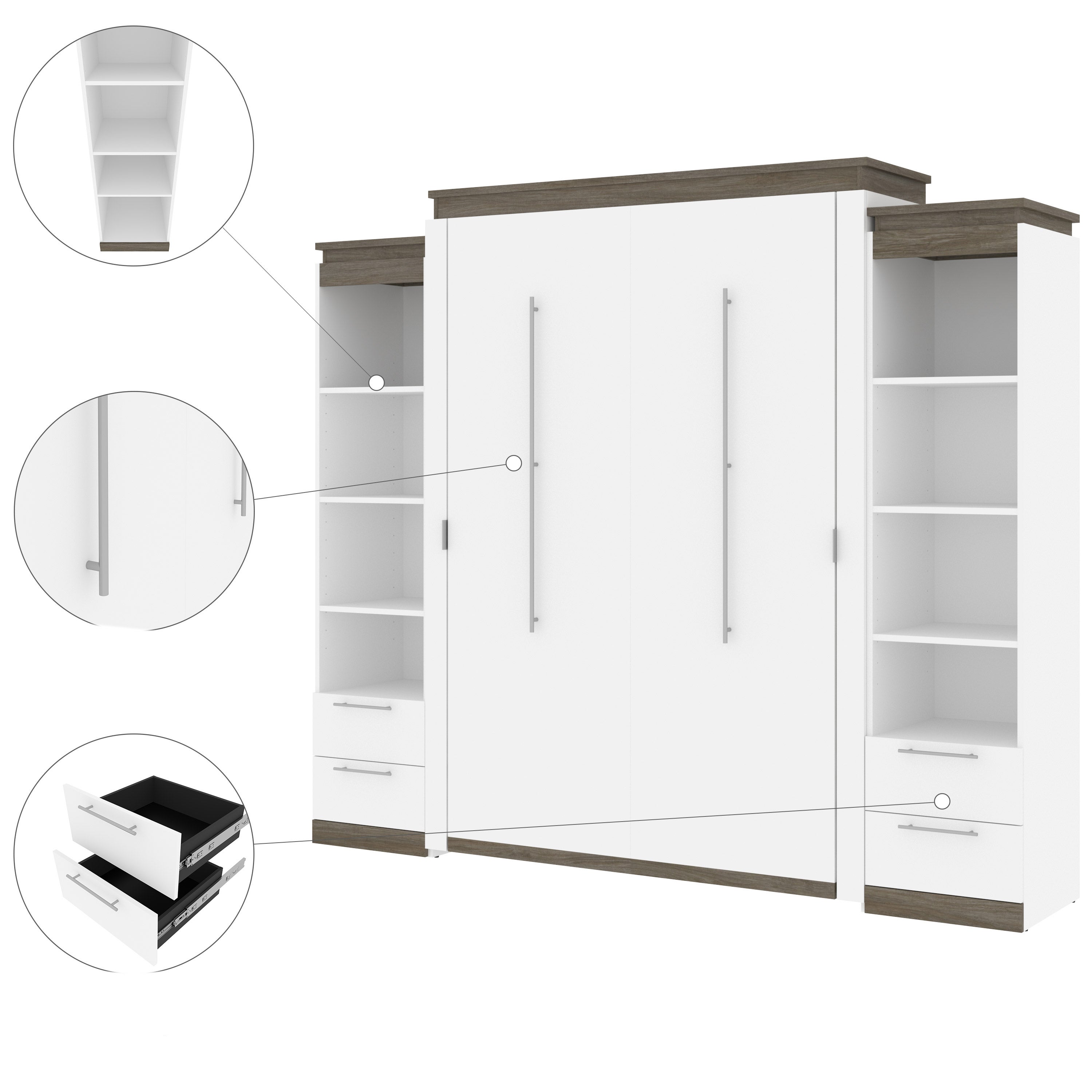 Orion Queen Wall Bed with 2 Shelving Units with Drawers
