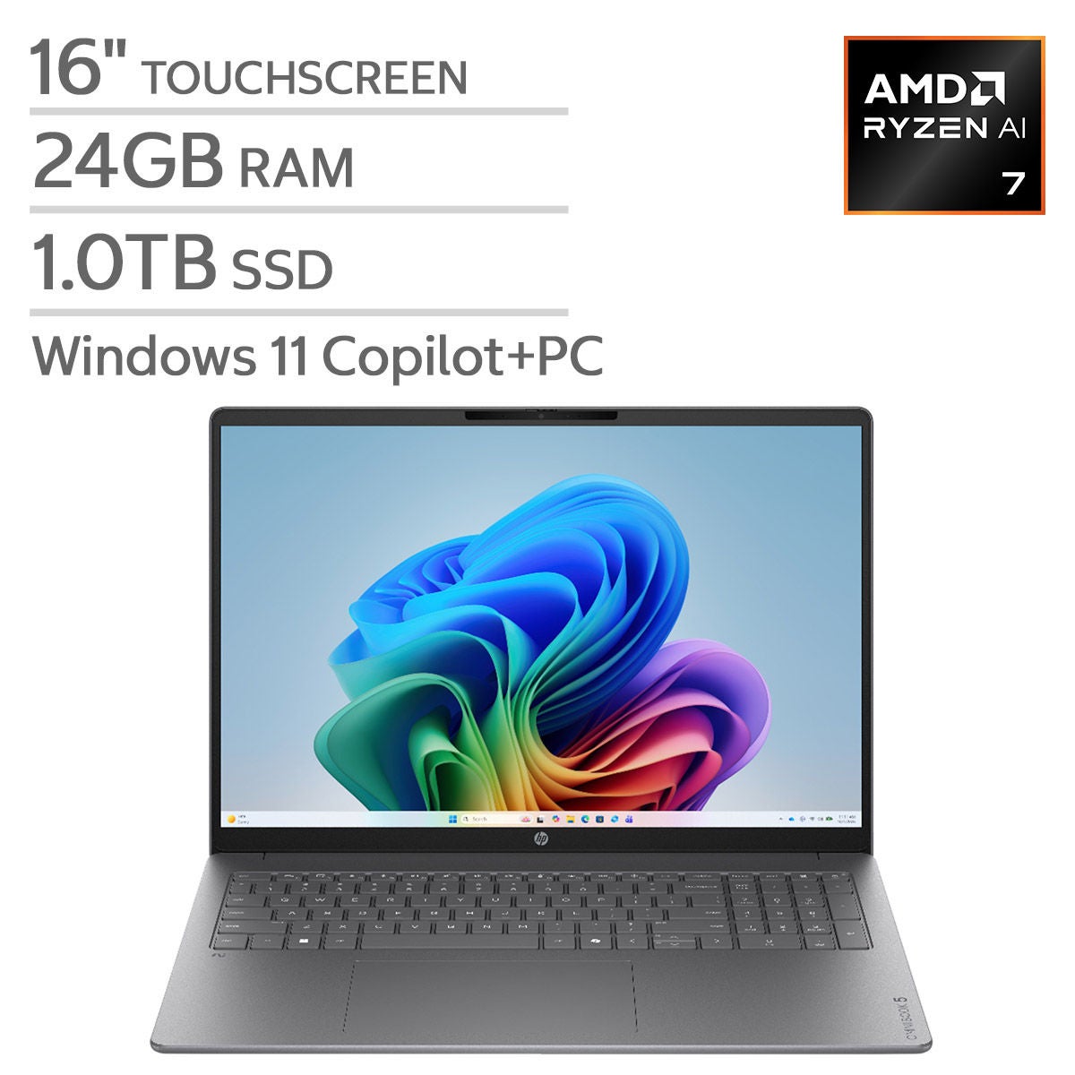 HP OmniBook 5 16" Touchscreen Laptop - AMD Ryzen AI 7 445 - Copilot+ PC - 2K (1920 x 1200) - 24GB Memory - 1TB SSD - Windows 11 Home.