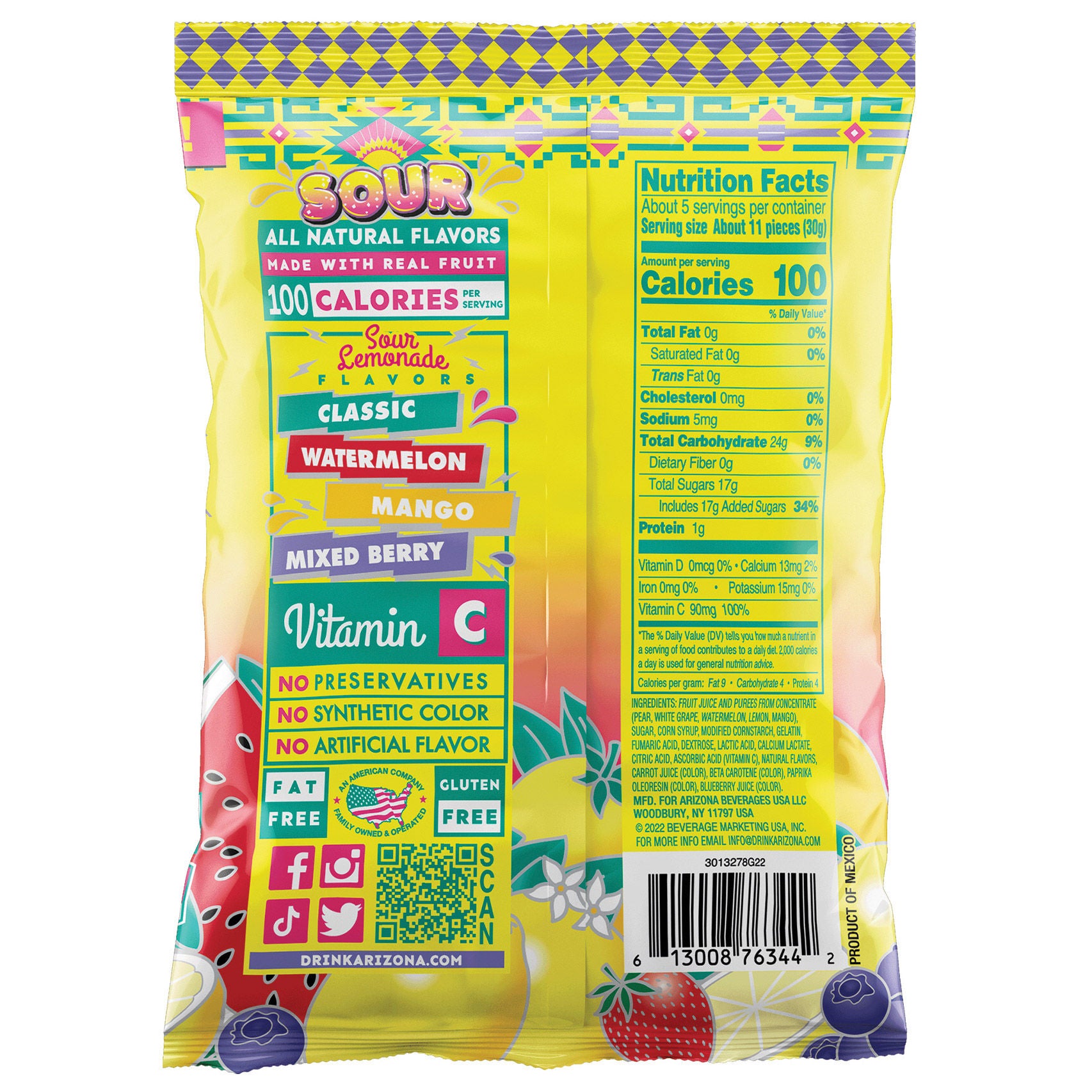 Arizona Sour Fruit Snacks, Mixed Lemonade, 5 oz, 12-count