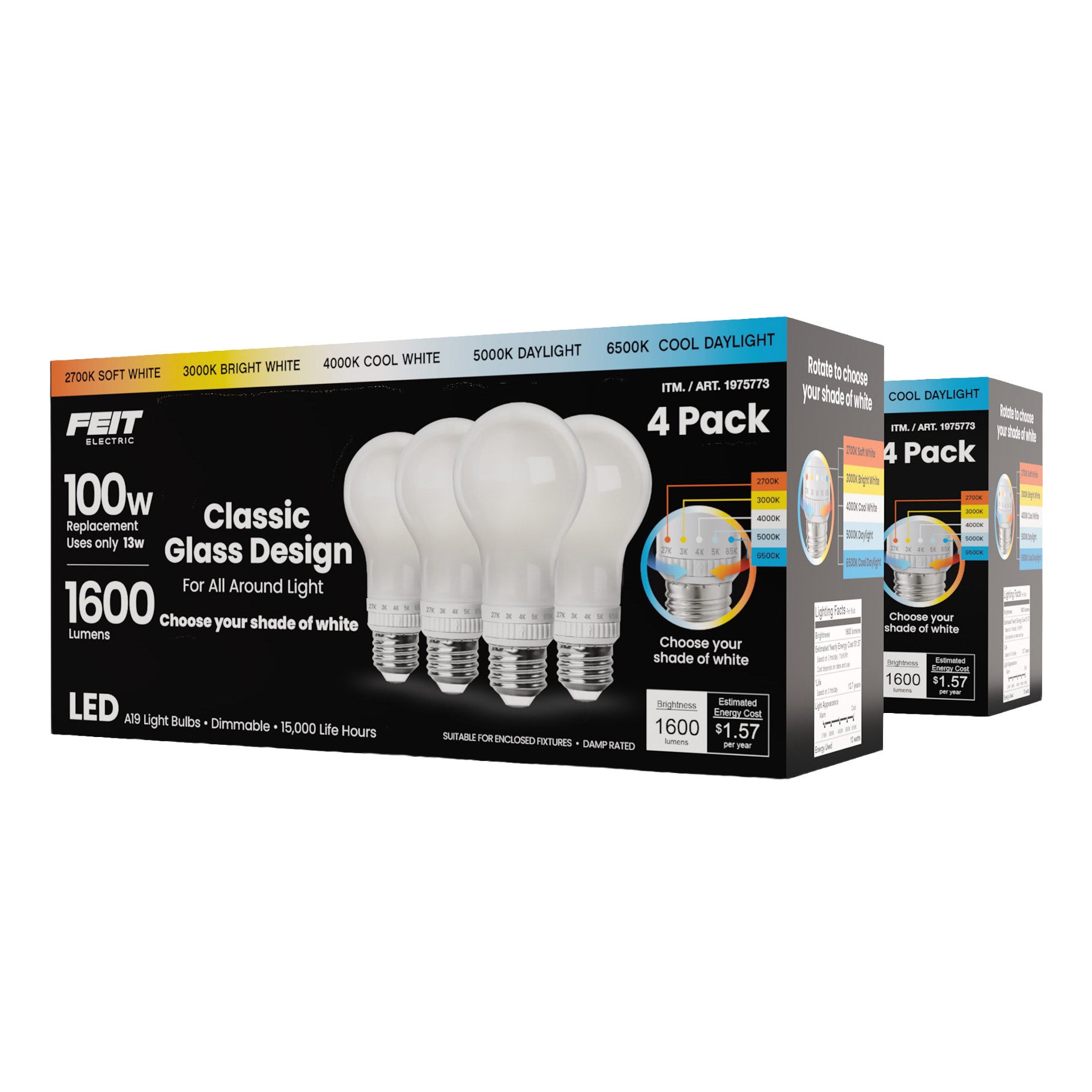 Feit Electric 100W Replacement 5-CCT LED Classic Glass A19 Bulbs, 8-pack