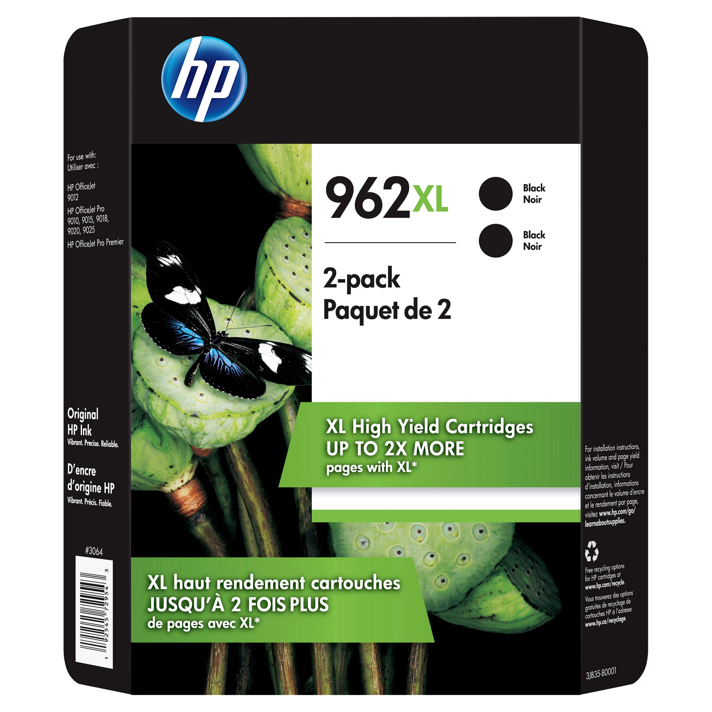 HP 962XL High Yield Ink Cartridge, Black, 2-count