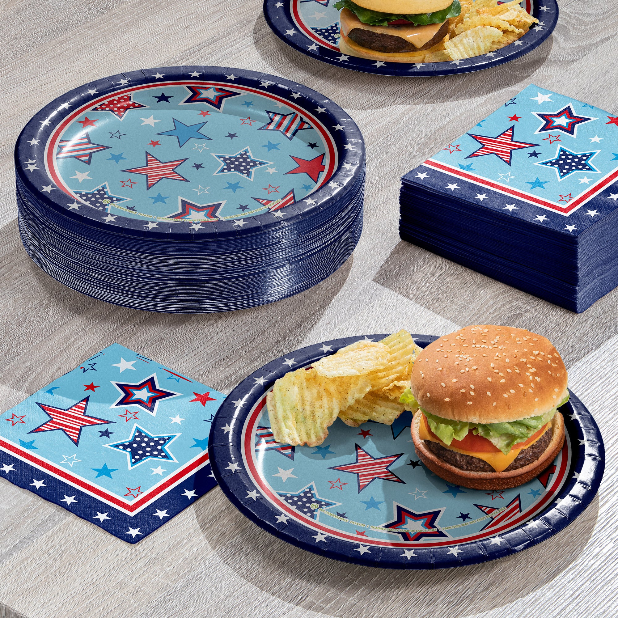 Artstyle Paper Plate & Napkin Bundle, Star Spangled Fireworks, 200-count