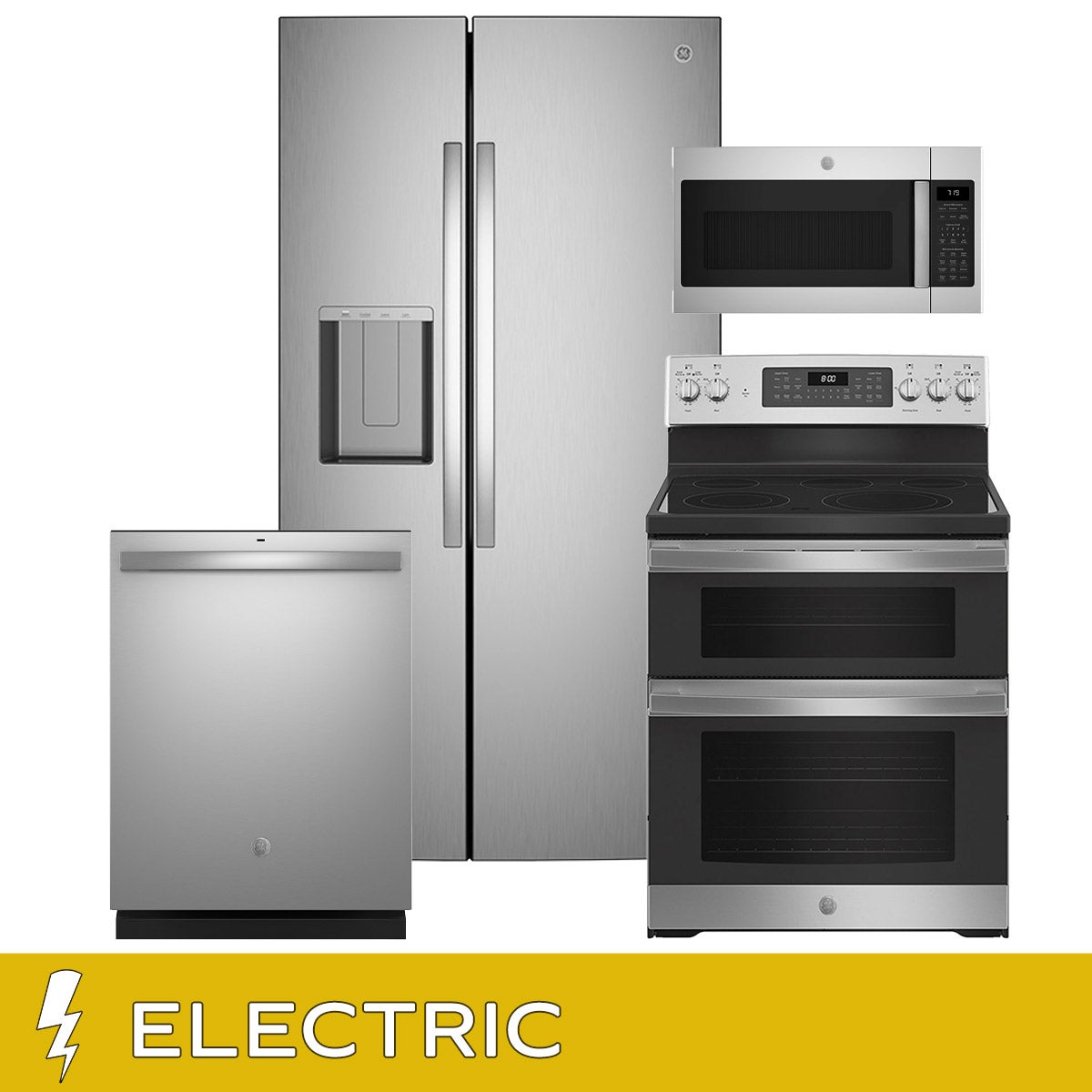 GE 4-piece Electric Kitchen Package with 27.9 cu. ft. Standard Depth Side-by-Side Refrigerator