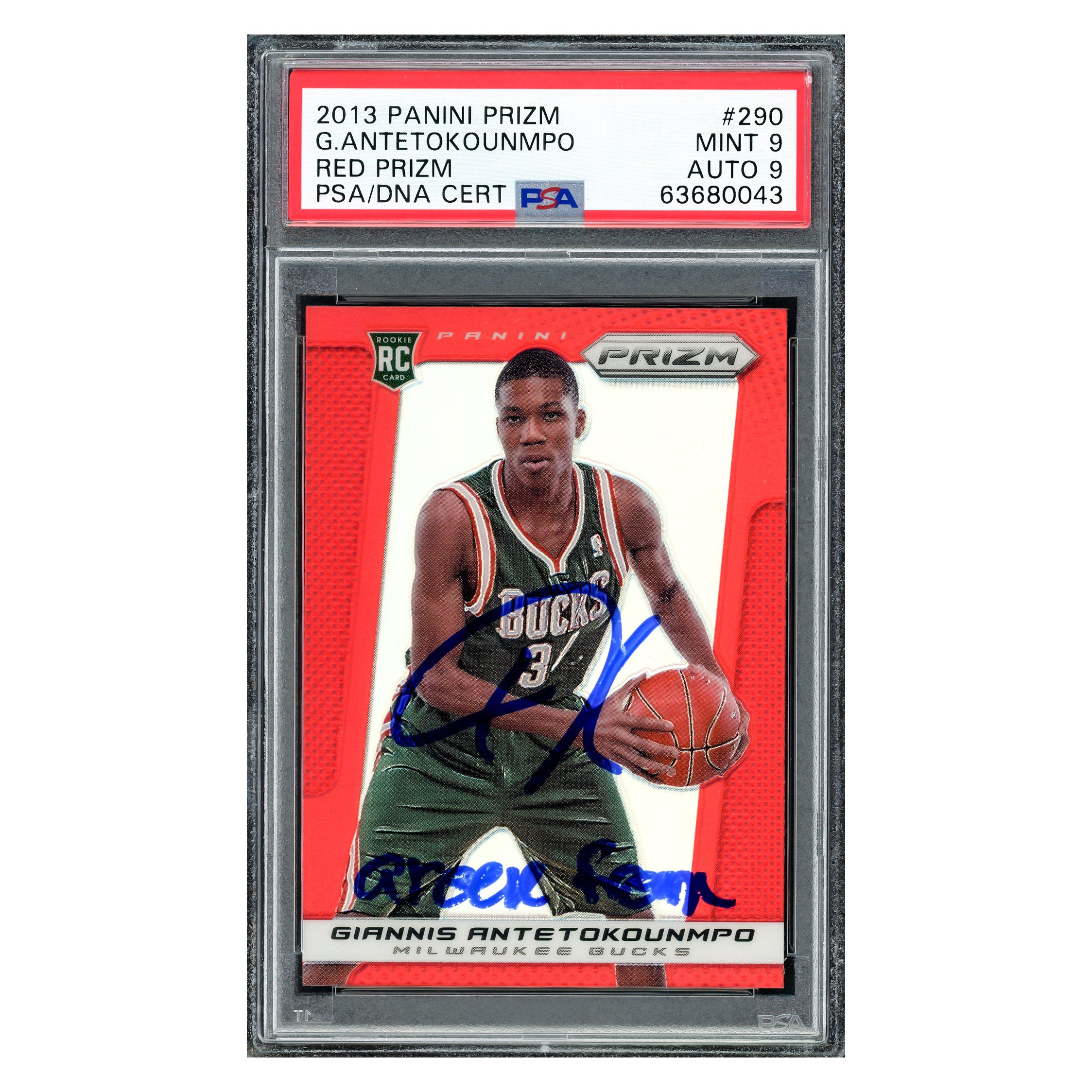 Giannis Antetokounmpo Autographed 2013 Panini Prizm Red Rookie Card #290 Milwaukee Bucks PSA 9 Auto Grade Mint 9 "Greek Freak" - PSA/DNA Authenticated Card