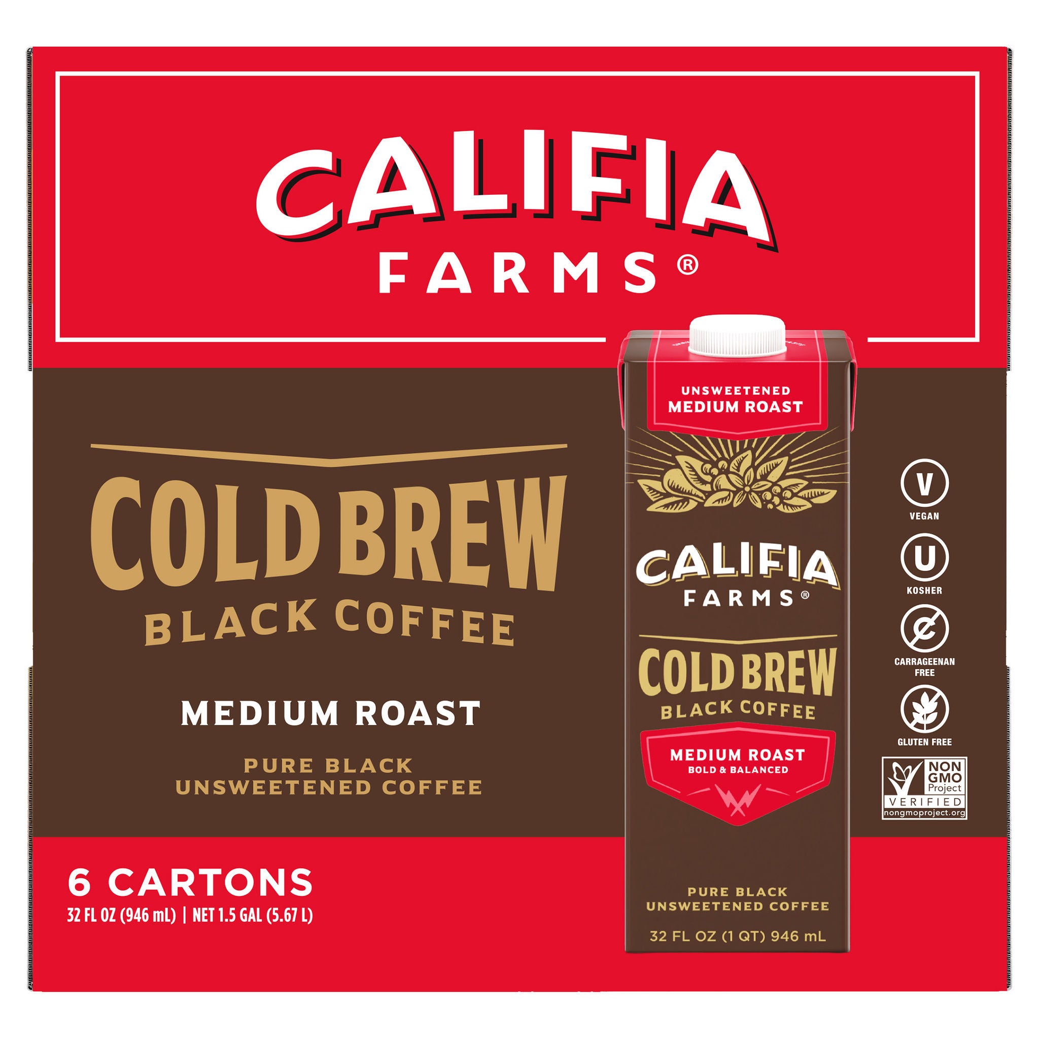 Califia Farms Cold Brew Black Coffee, Unsweetened, Medium Roast, 32 fl oz, 6-count
