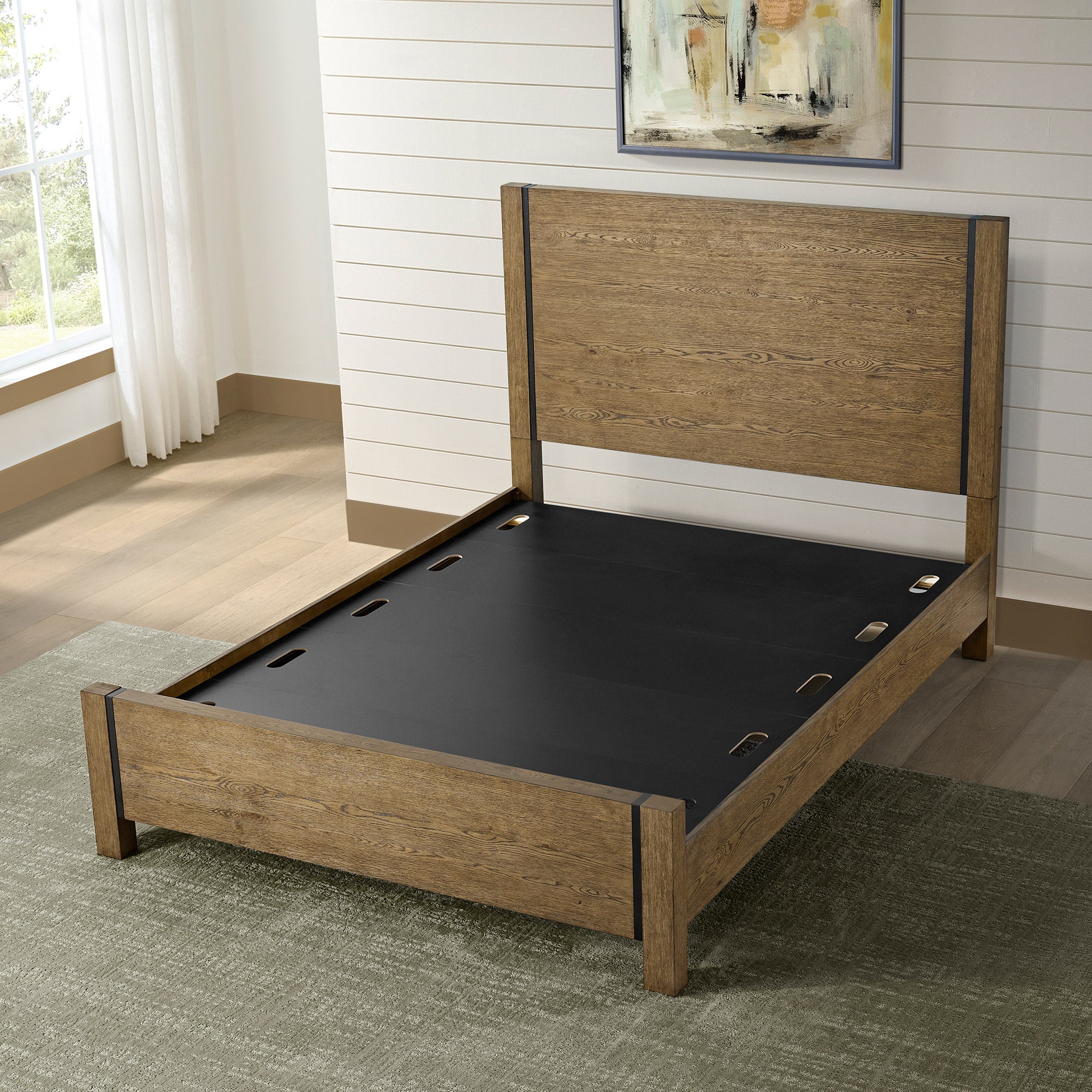 Baylor Panel Bed Frame with Black Metal Accents, Rustic Oak Finish