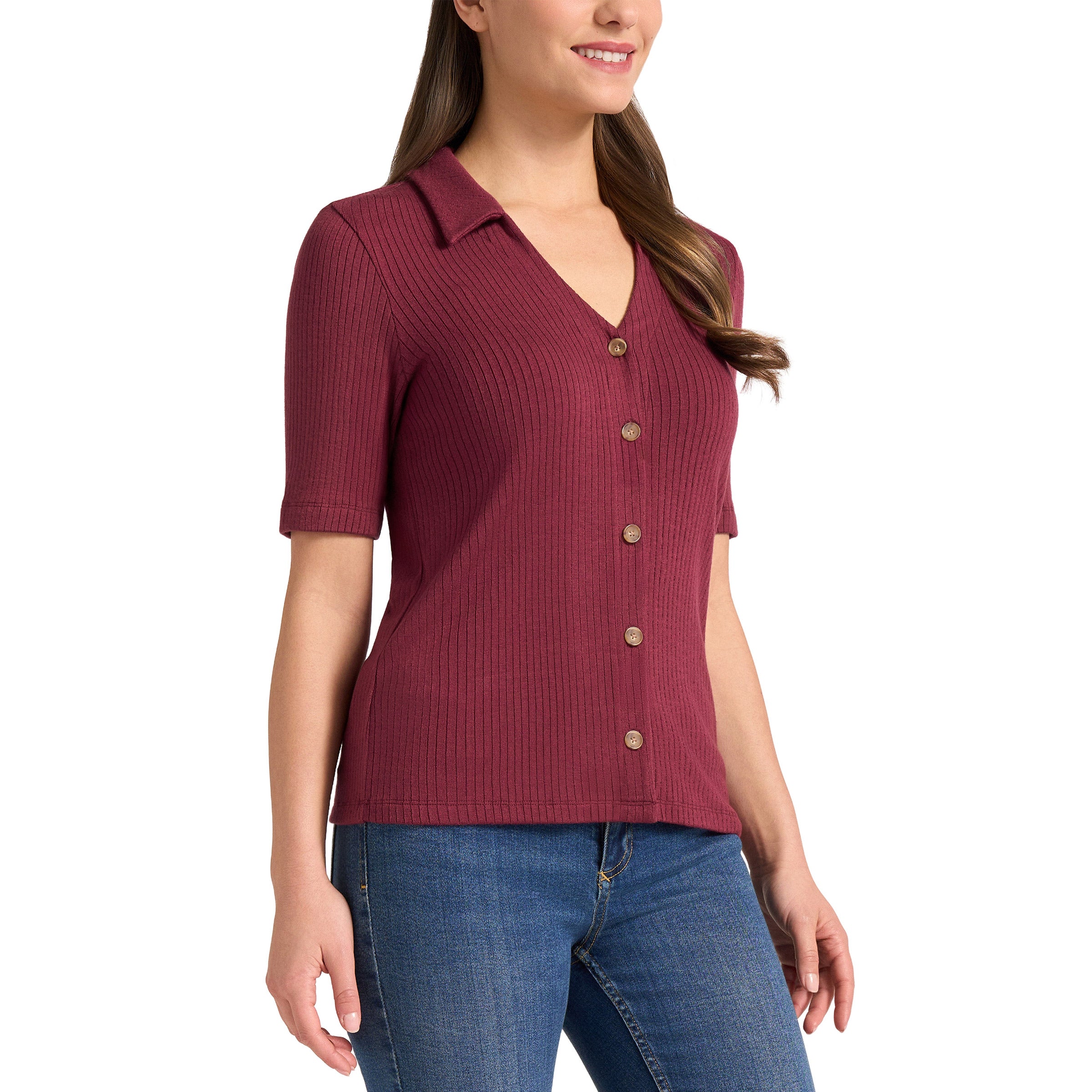 Matty M Women's Ribbed Button Front Top
