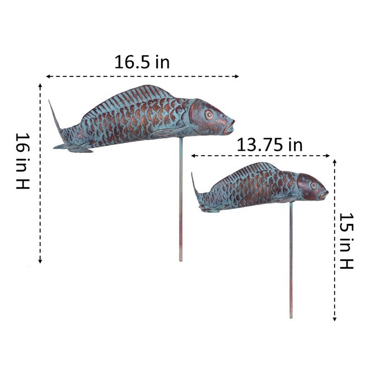 Verdigris Metal Fish Statue, 2-pack