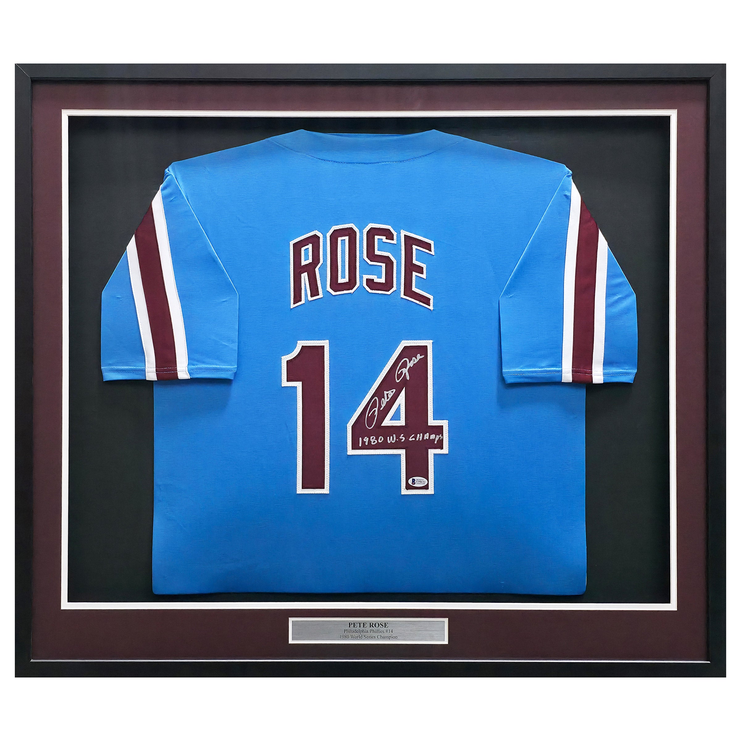 Pete Rose Autographed Framed Baby Blue Philadelphia Phillies Jersey "1980 WS Champs" - Beckett Authenticated