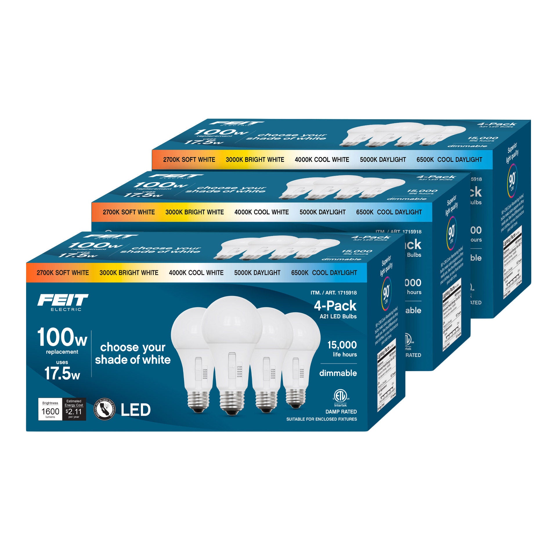 Feit Electric 100W Replacement 5-CCT LED A21 Bulbs, 12-pack