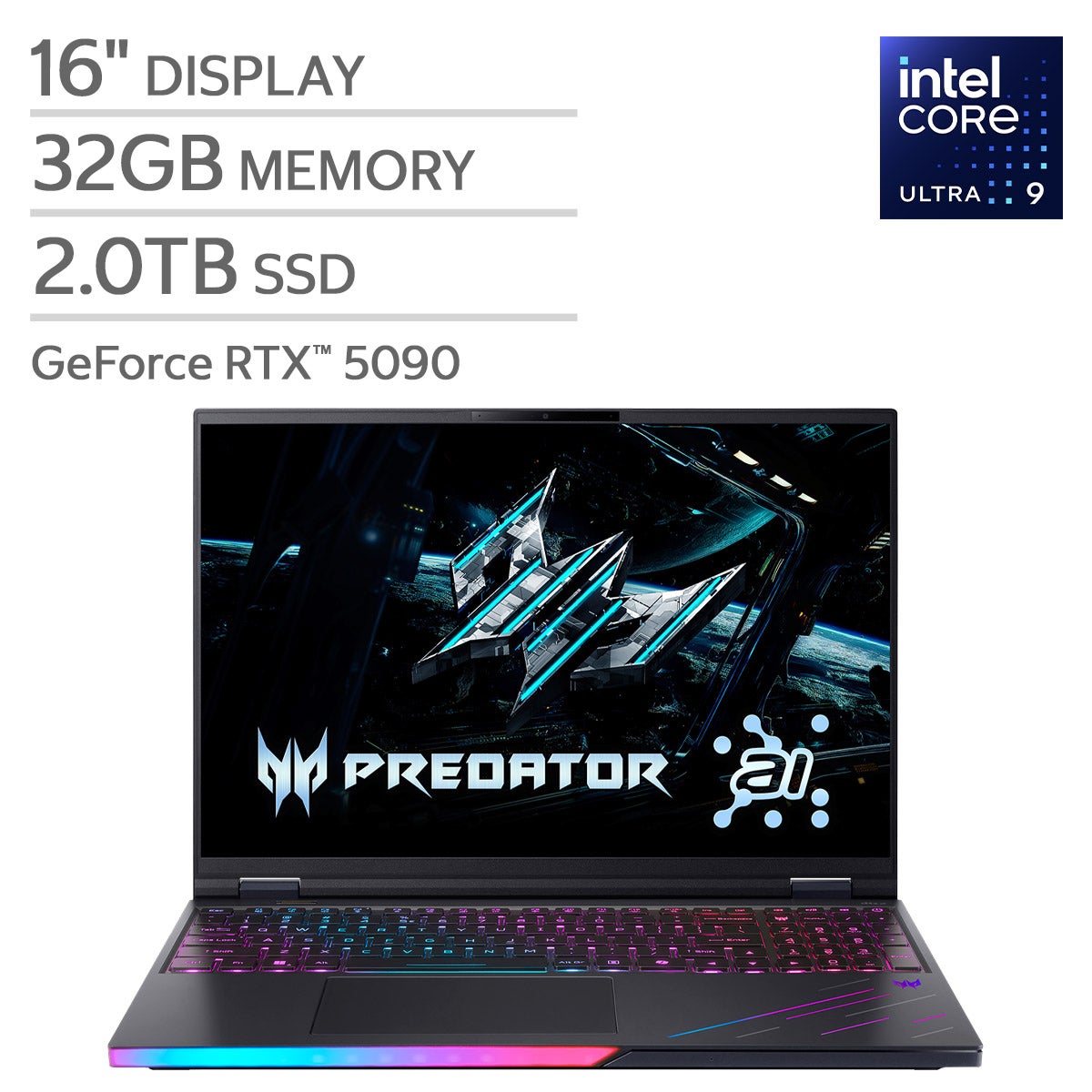 Acer Predator Helios 16" AI Gaming Laptop – Intel Core Ultra 9 processor 275HX (13 NPU TOPS) - 2560 x 1600 display @ 240Hz - NVIDIA GeForce RTX 5090 Laptop GPU (1824 AI TOPS) - 32GB RAM - 2TB SSD - Windows 11 Home - Abyssal Black.