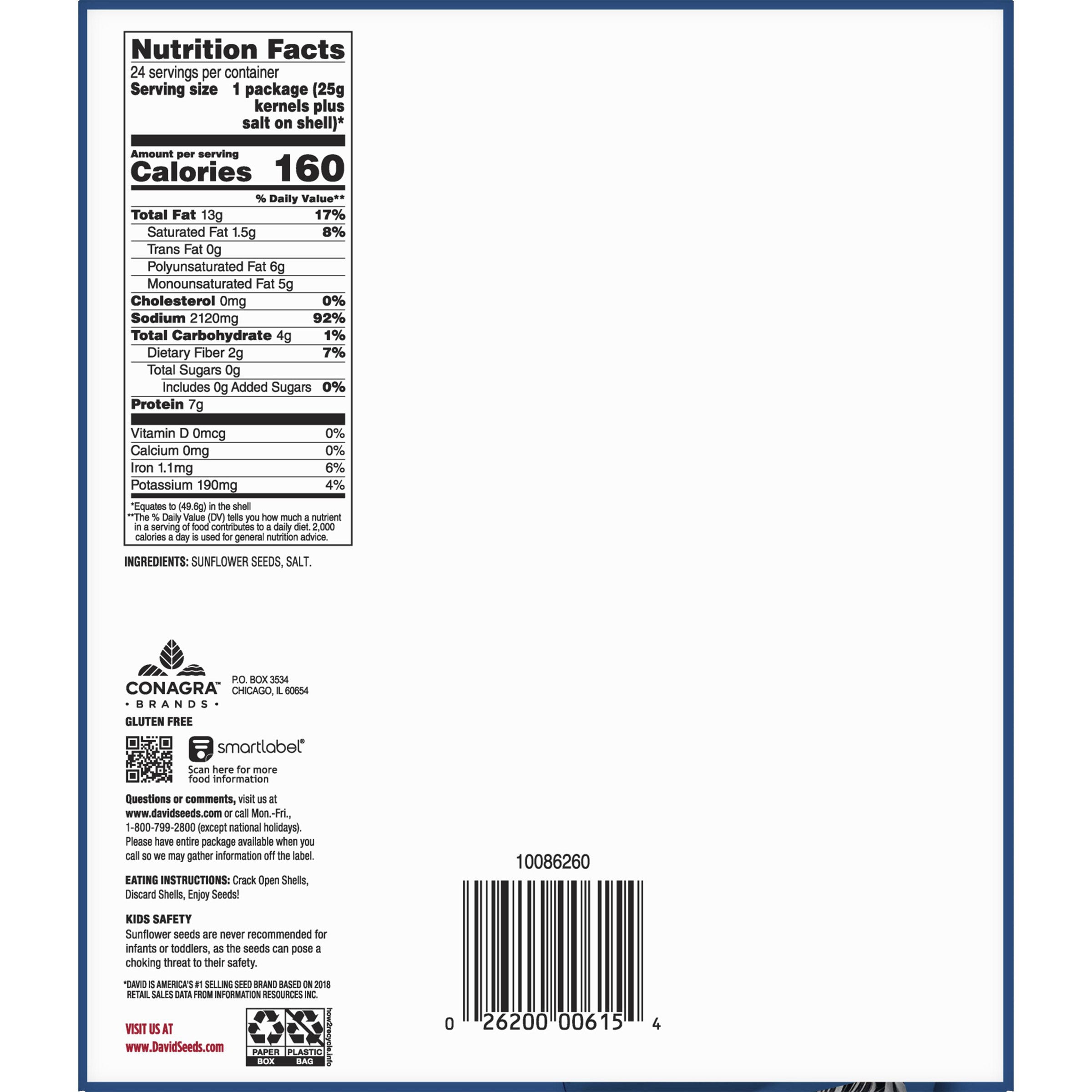 David Original Sunflower In-Shell Seeds, 1.75 oz, 24-count
