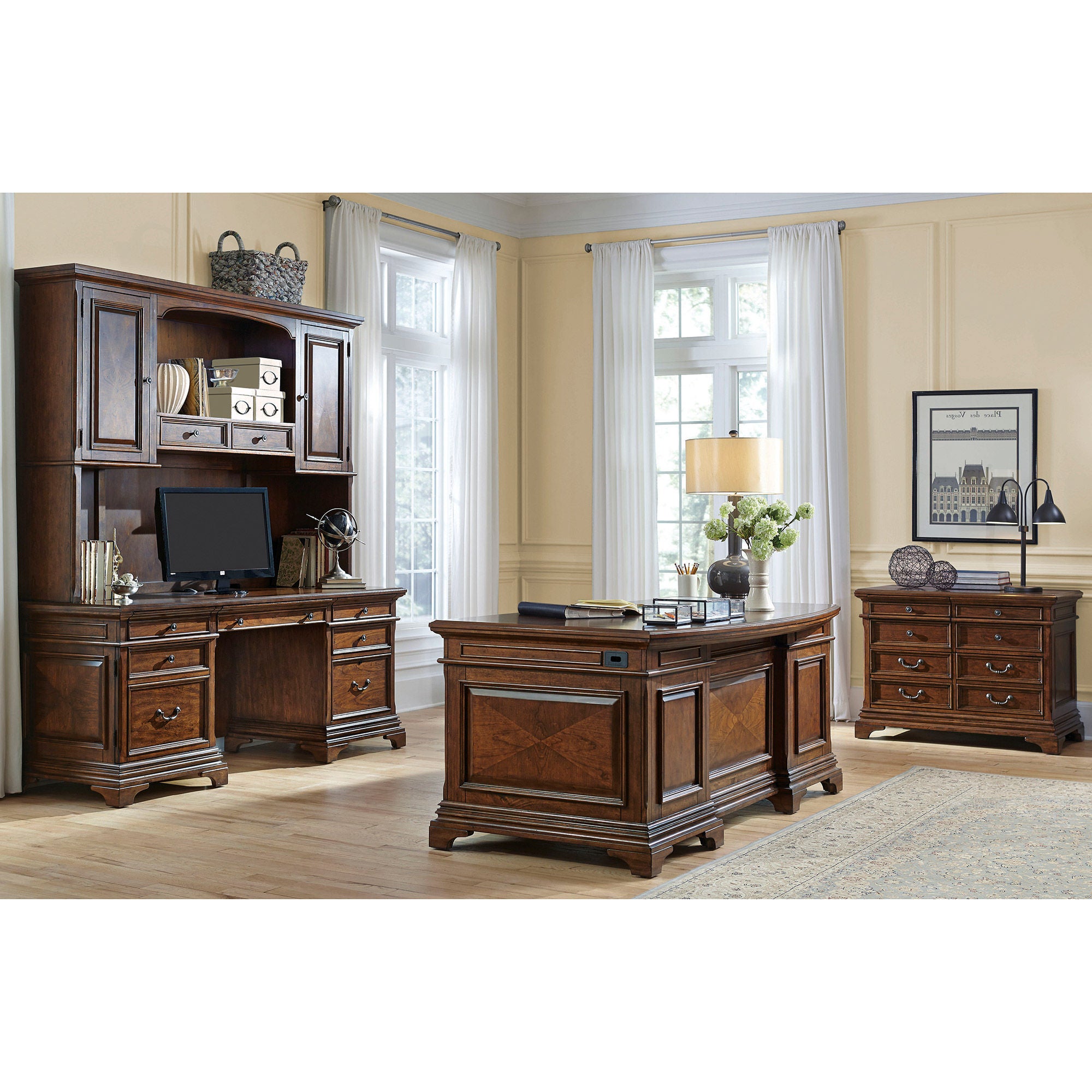 Lewis 66" Executive Desk, Credenza with Hutch & Lateral File