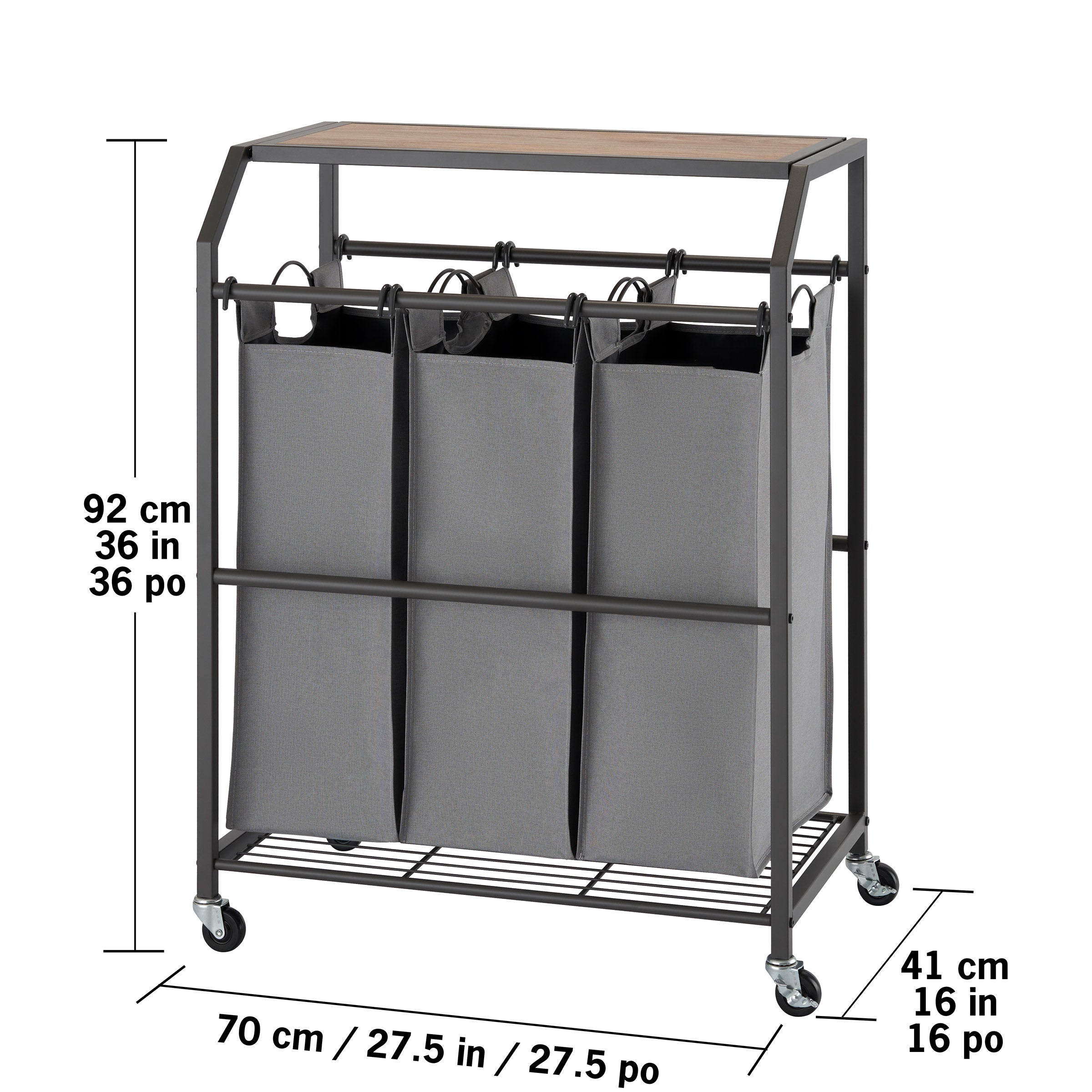 TRINITY 3-bag Laundry Cart with Flip-up Top