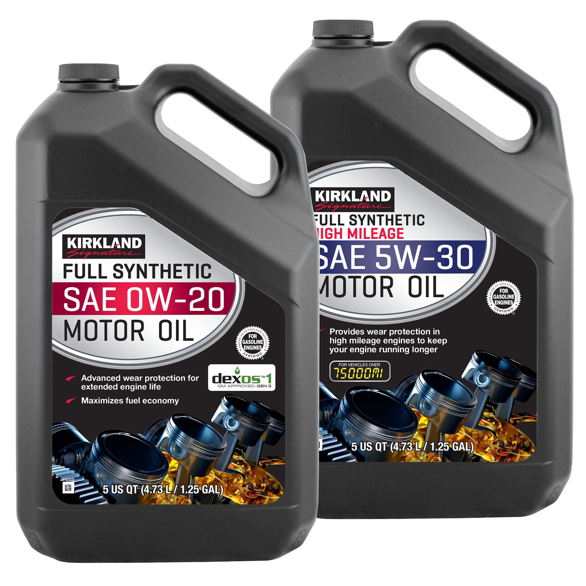 Kirkland Signature 0W-20 Full Synthetic and 5W-30 High Mileage Full Synthetic Motor Oil 5-Quart, 4-Pack