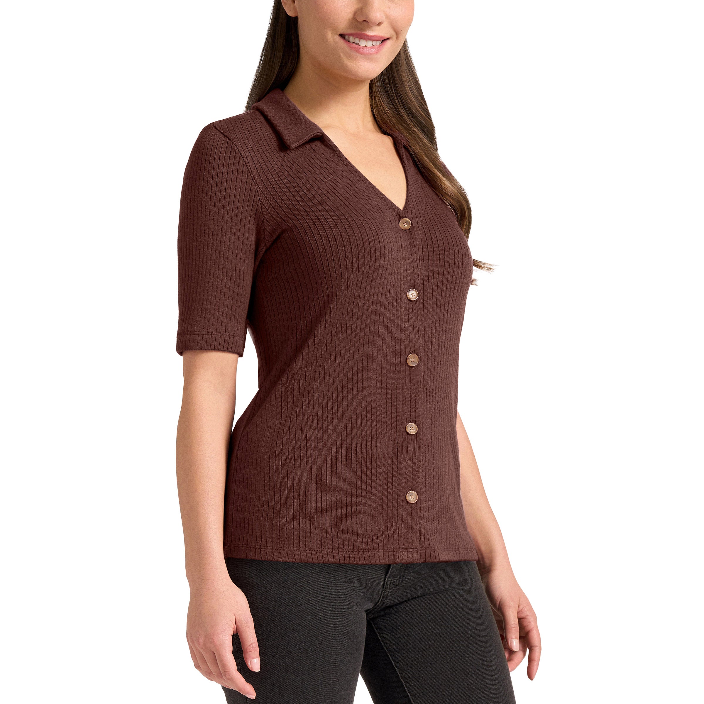 Matty M Women's Ribbed Button Front Top