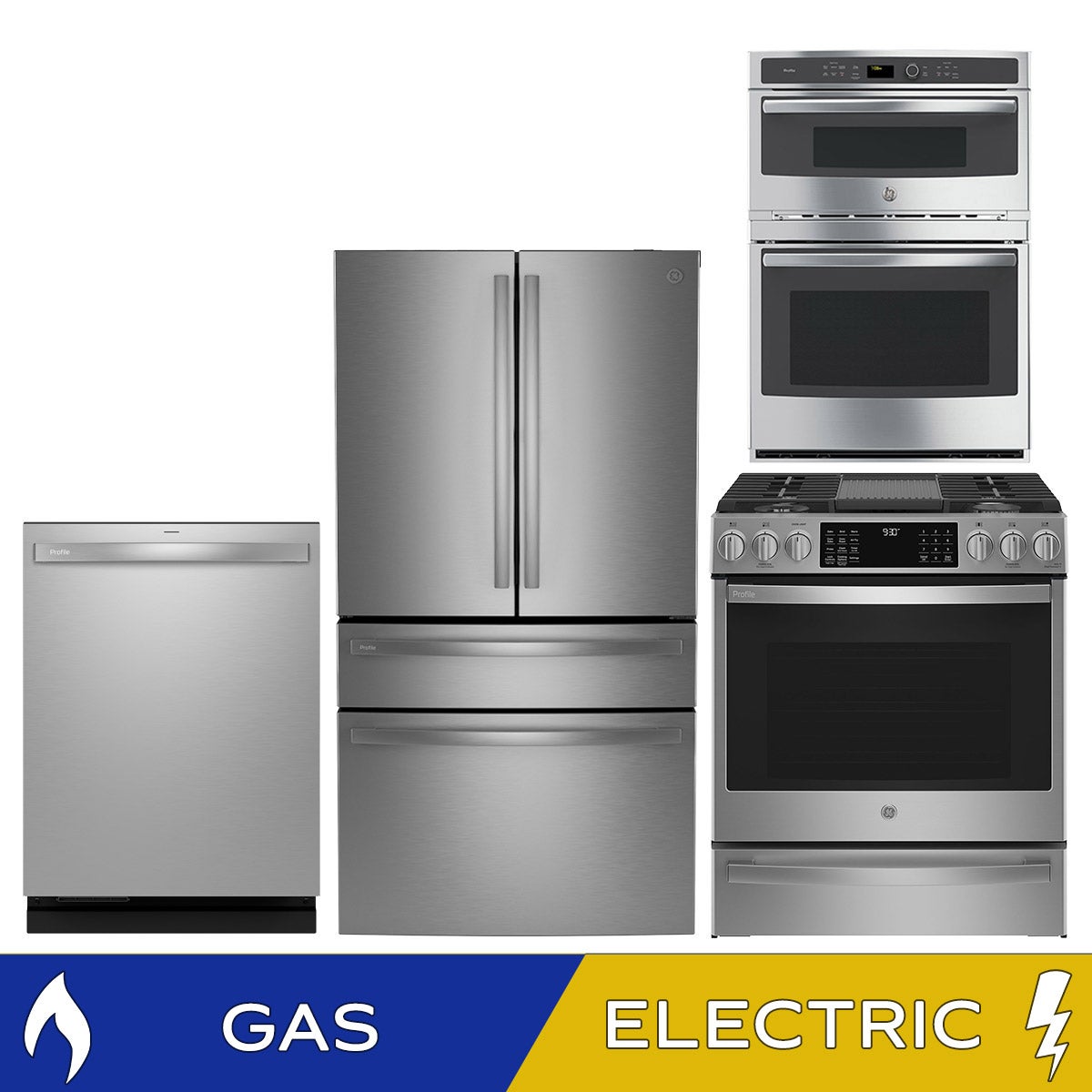GE Profile 4-piece Gas Kitchen Package with 23.2 cu. ft. Counter Depth 4-door French Door Refrigerator