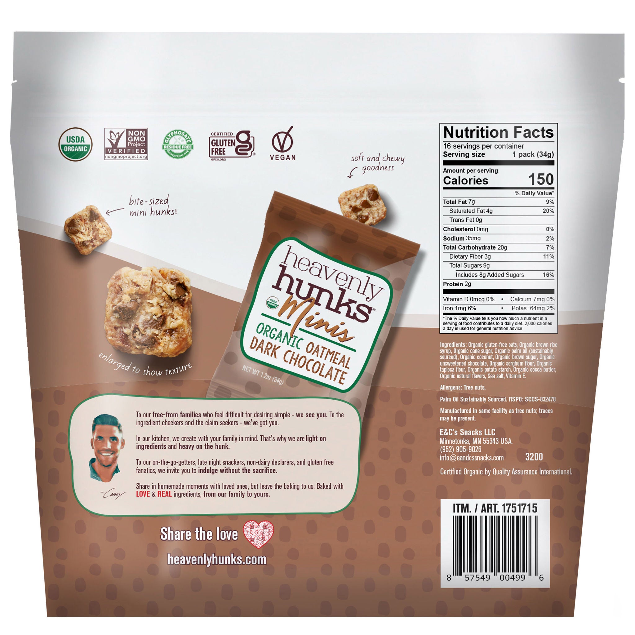 Heavenly Hunks Organic Oatmeal Dark Chocolate Mini Bites, 1.2 oz, 16-count
