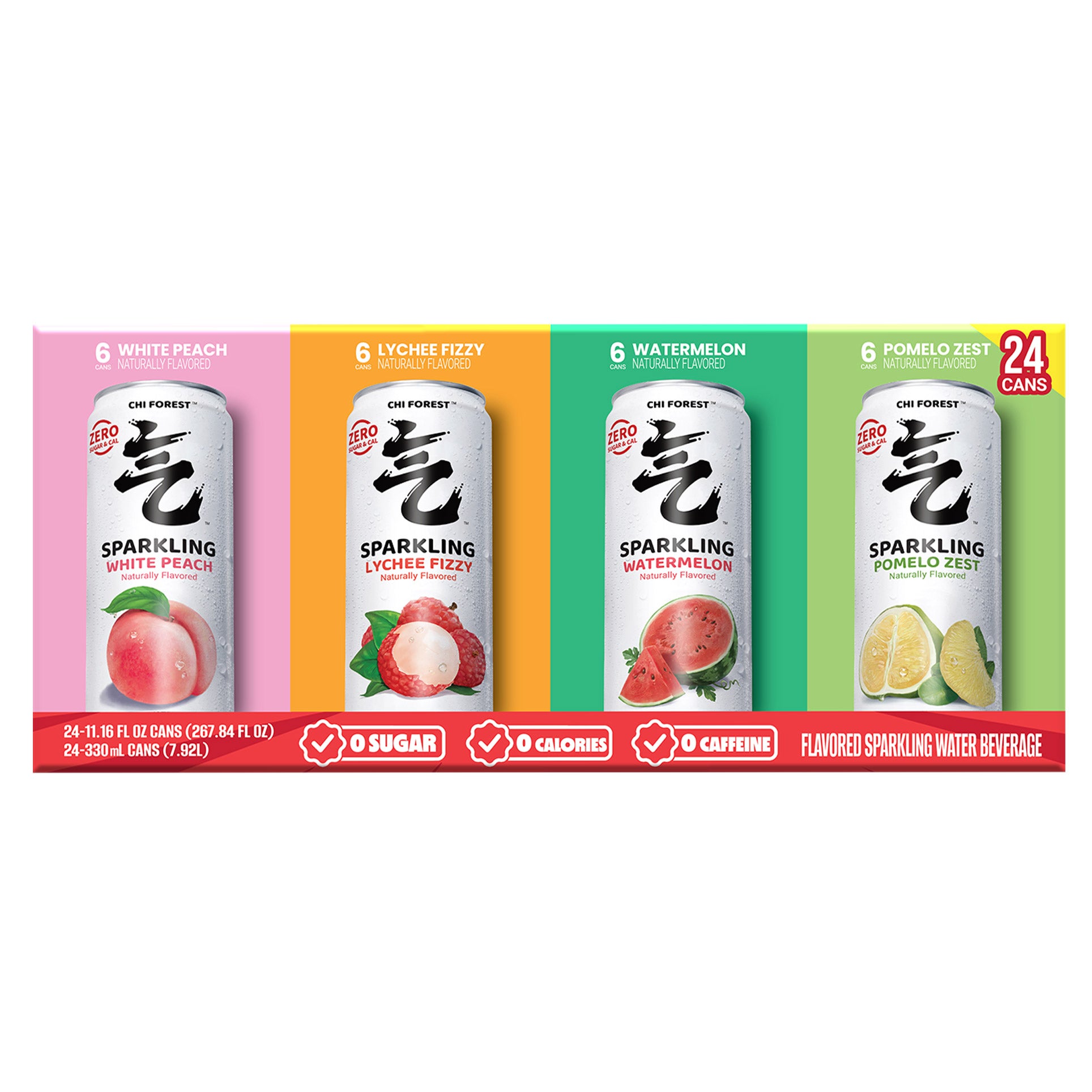 Chi Forest Sparkling Water Beverage, Variety Pack, 11.16 fl oz, 24-count