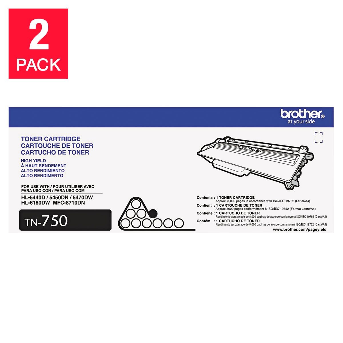 Brother TN750 High-Yield Toner Cartridge, Black, 2-pack with Bonus Ream of Paper