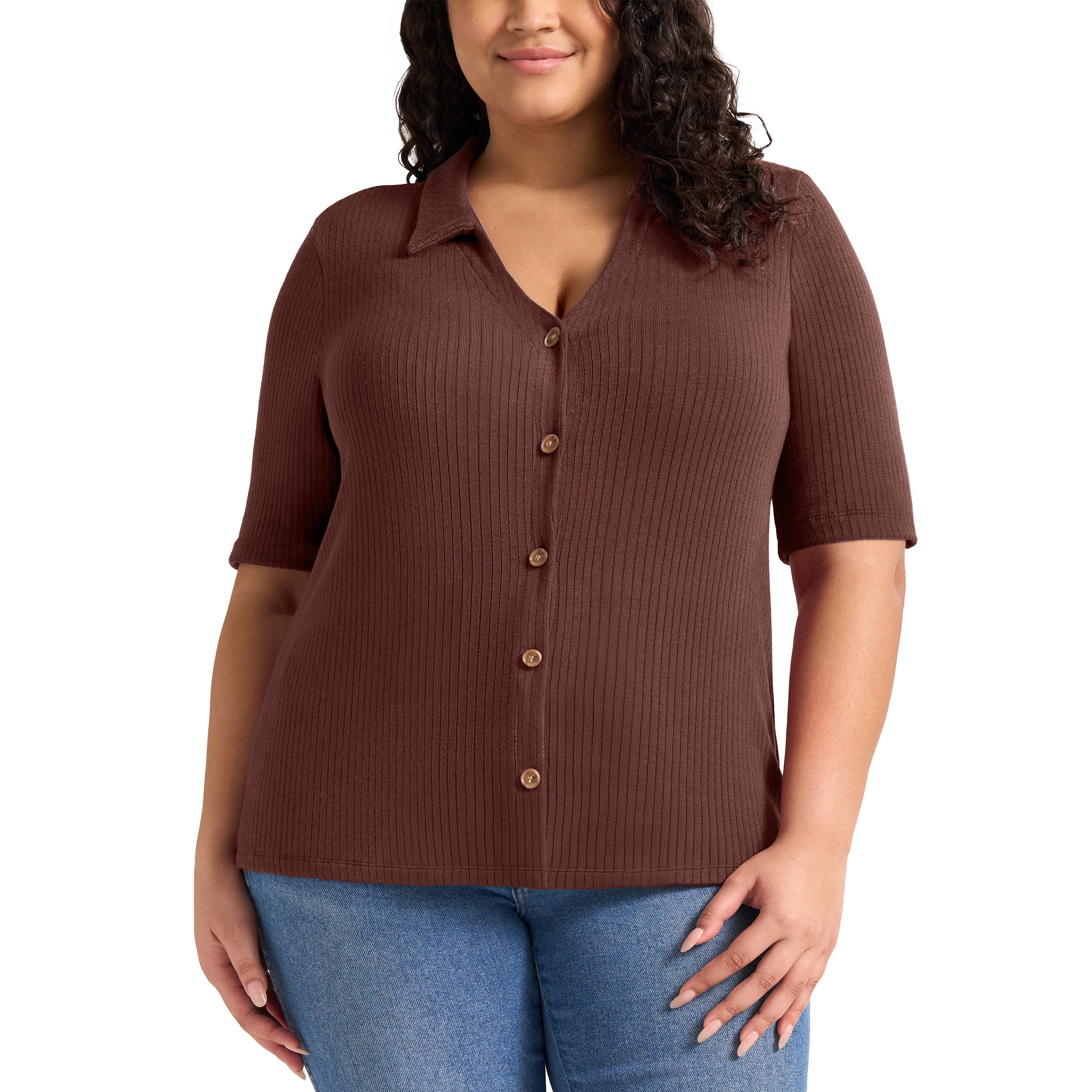 Matty M Women's Ribbed Button Front Top