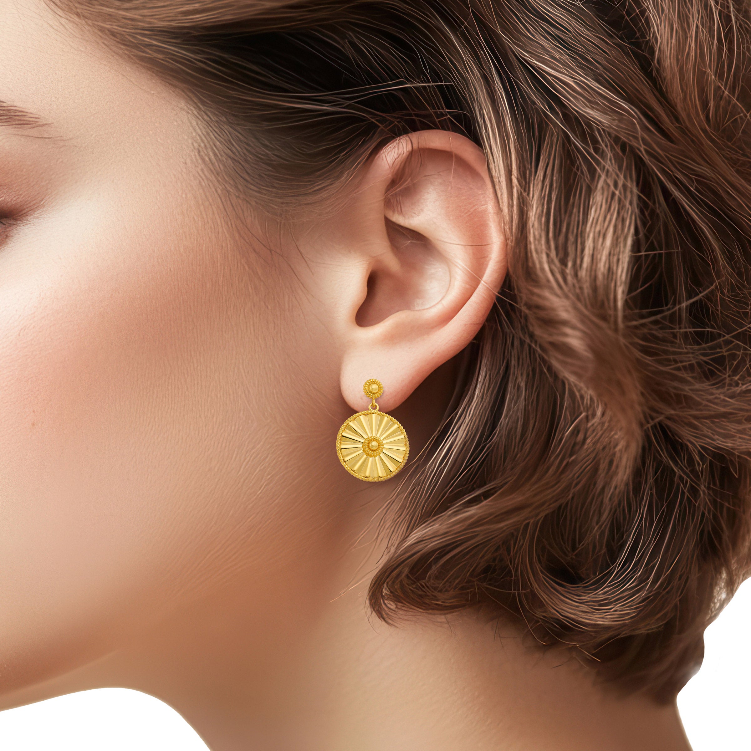 22kt Yellow Gold Fluted Circle Drop Earrings