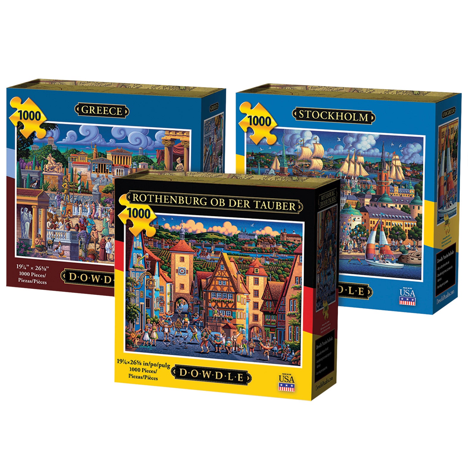 Dowdle Jigsaw Puzzle 3 Pack – 1000 piece Each – Greece, Rothenburg & Stockholm