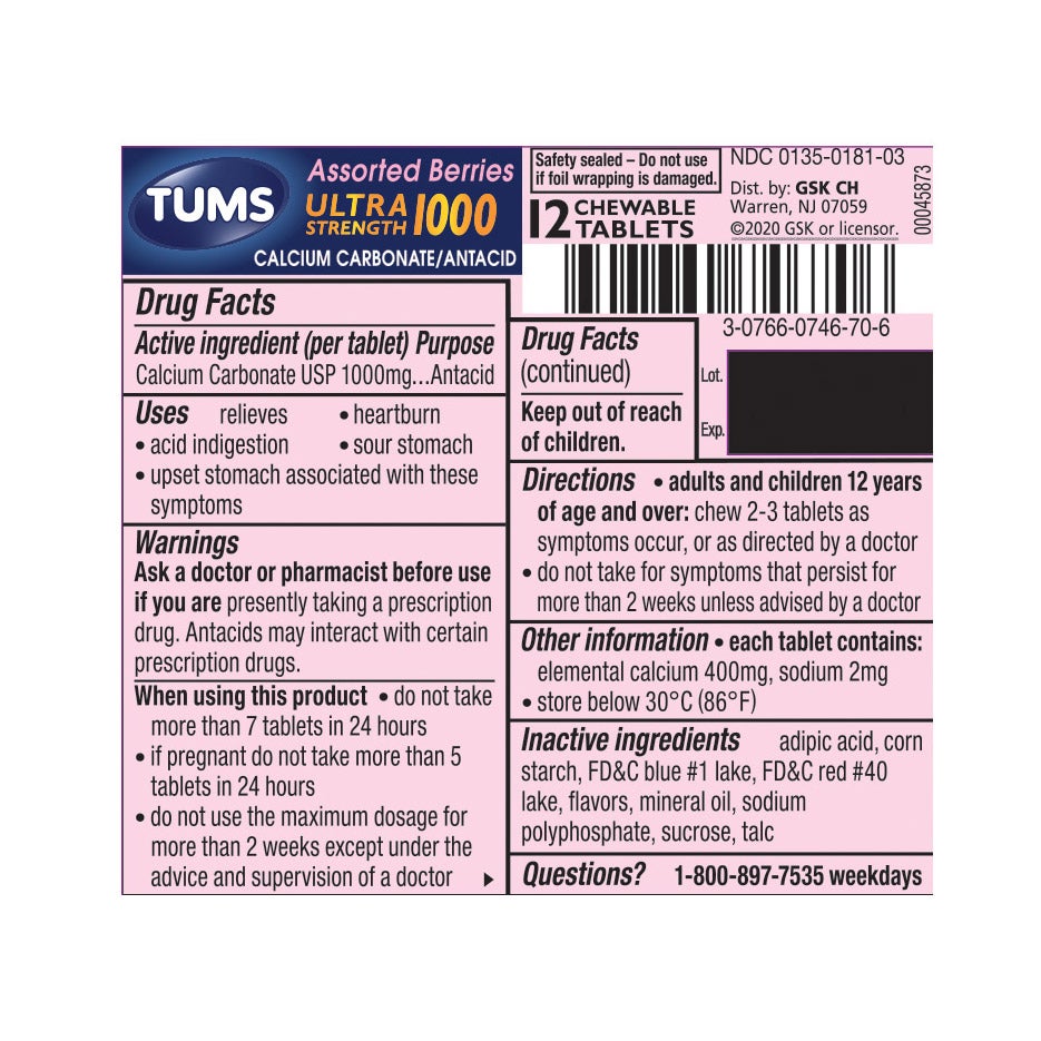Tums Ultra Antacid, Assorted Berries, 12-count