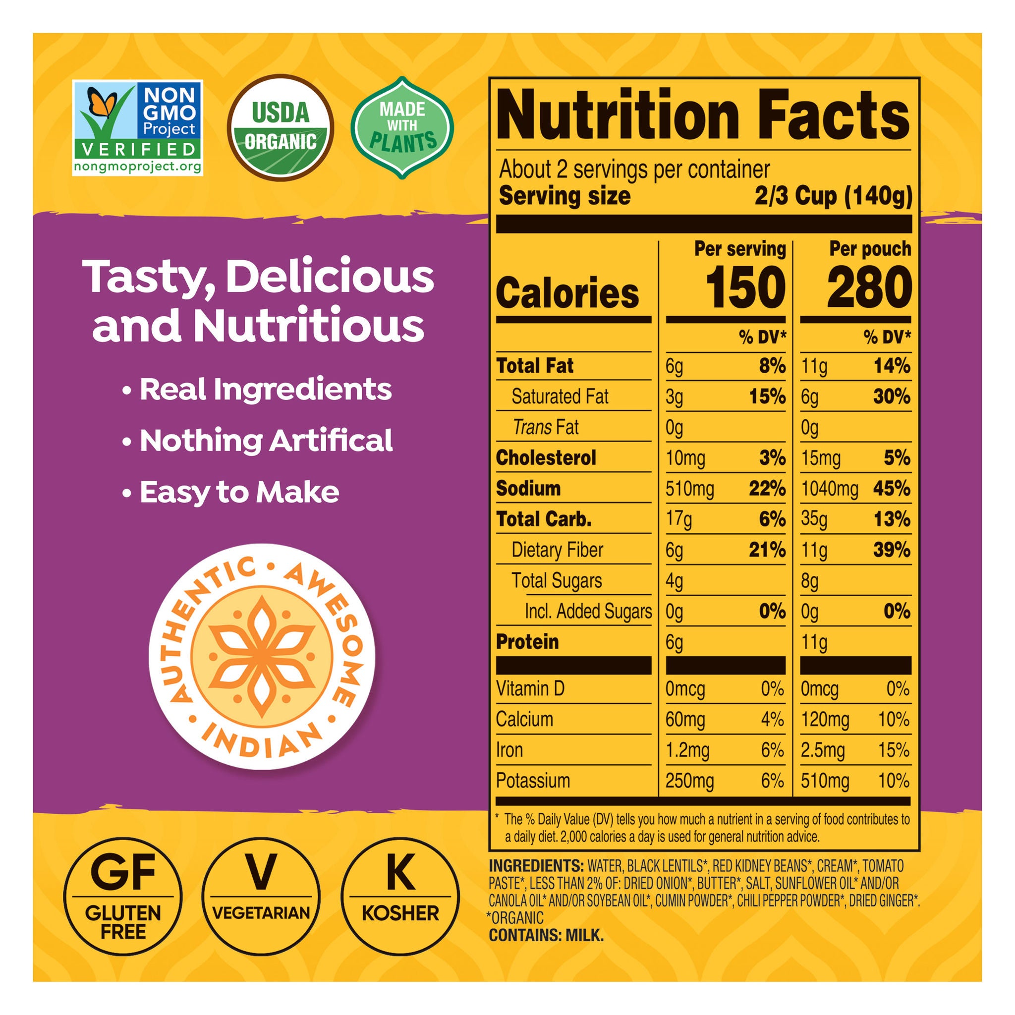 Tasty Bite Organic Original Madras Lentils, 10 oz, 8-count