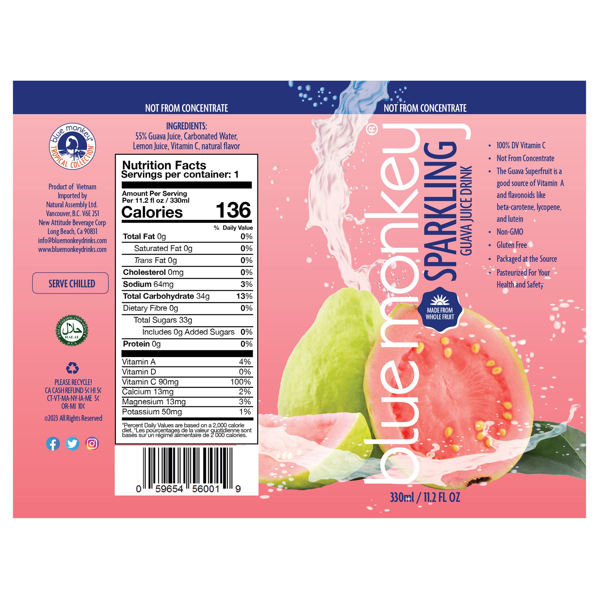 Blue Monkey Sparkling Guava Juice Drink, 11.2 oz, 15-count
