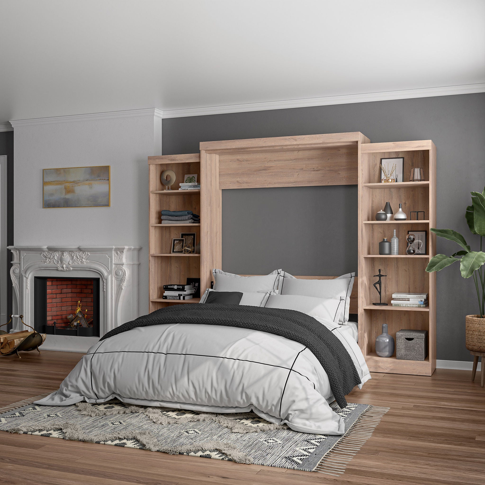 Boutique Queen Murphy Bed with 2 Shelving Units