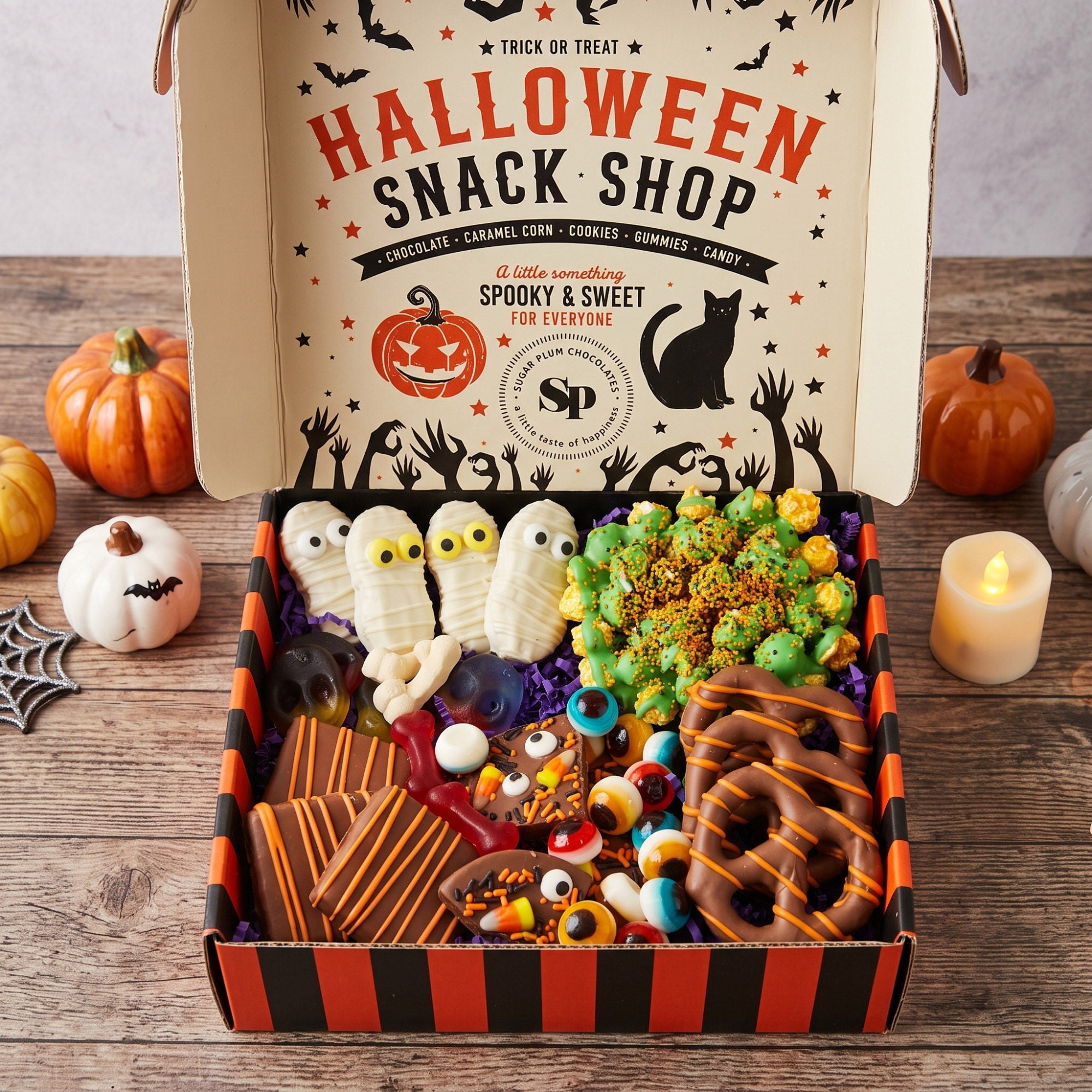 Sugar Plum Chocolates, Trick or Treat Halloween Snack Shop Box, 22.3 oz. Total