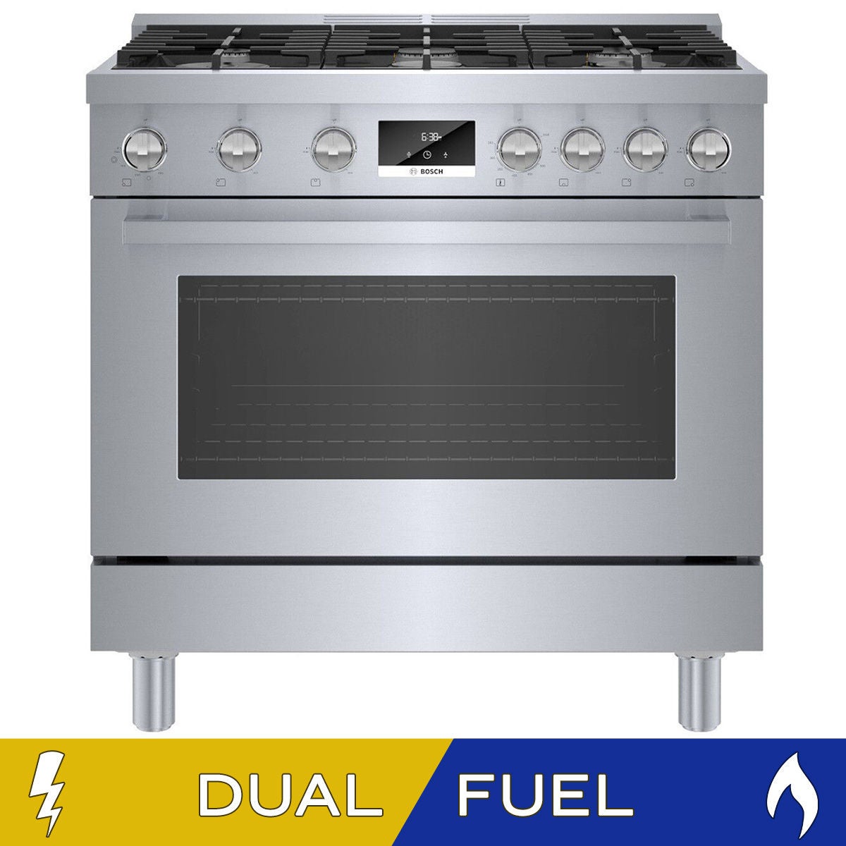 Bosch 800 Series 3.7 cu. ft. Industrial Style Dual Fuel Range with Full Extension Telescopic Rack Rail and Convection Pro