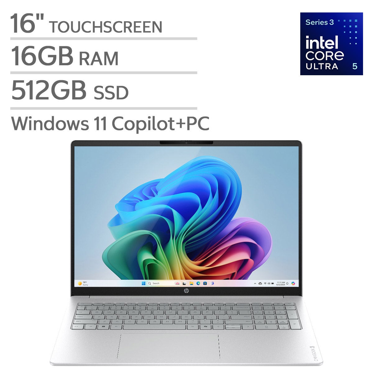 HP OmniBook 3 16" Touchscreen Laptop - Intel Core Ultra 5 Series 3 - Copilot+ PC - 2K (1920 x 1200) - 16GB Memory - 512GB SSD - Windows 11 Home.
