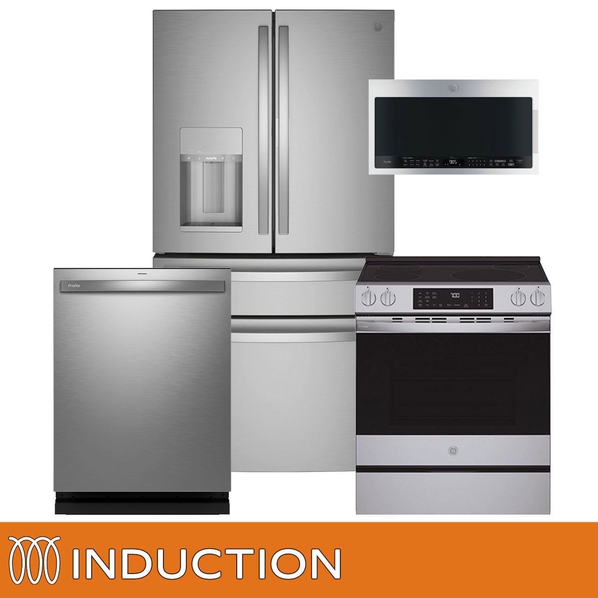 GE Profile 4-piece Induction Kitchen Package with 22.4 cu. ft Counter Depth 4-door French Door Refrigerator