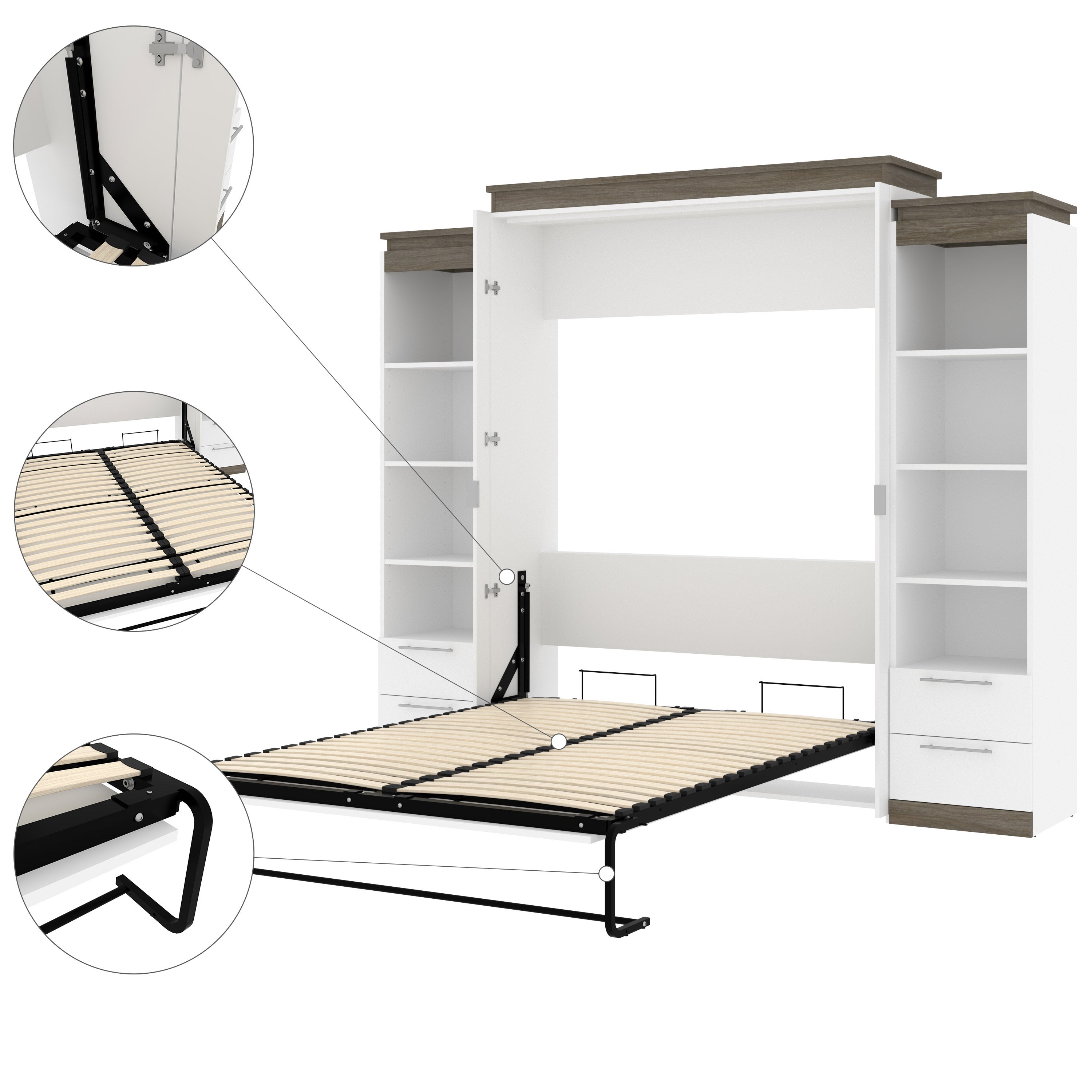 Orion Queen Wall Bed with 2 Shelving Units with Drawers