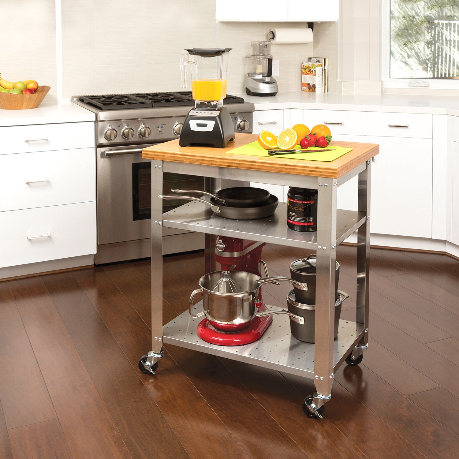 Seville Classics Stainless Steel Prep Table with Bamboo Top
