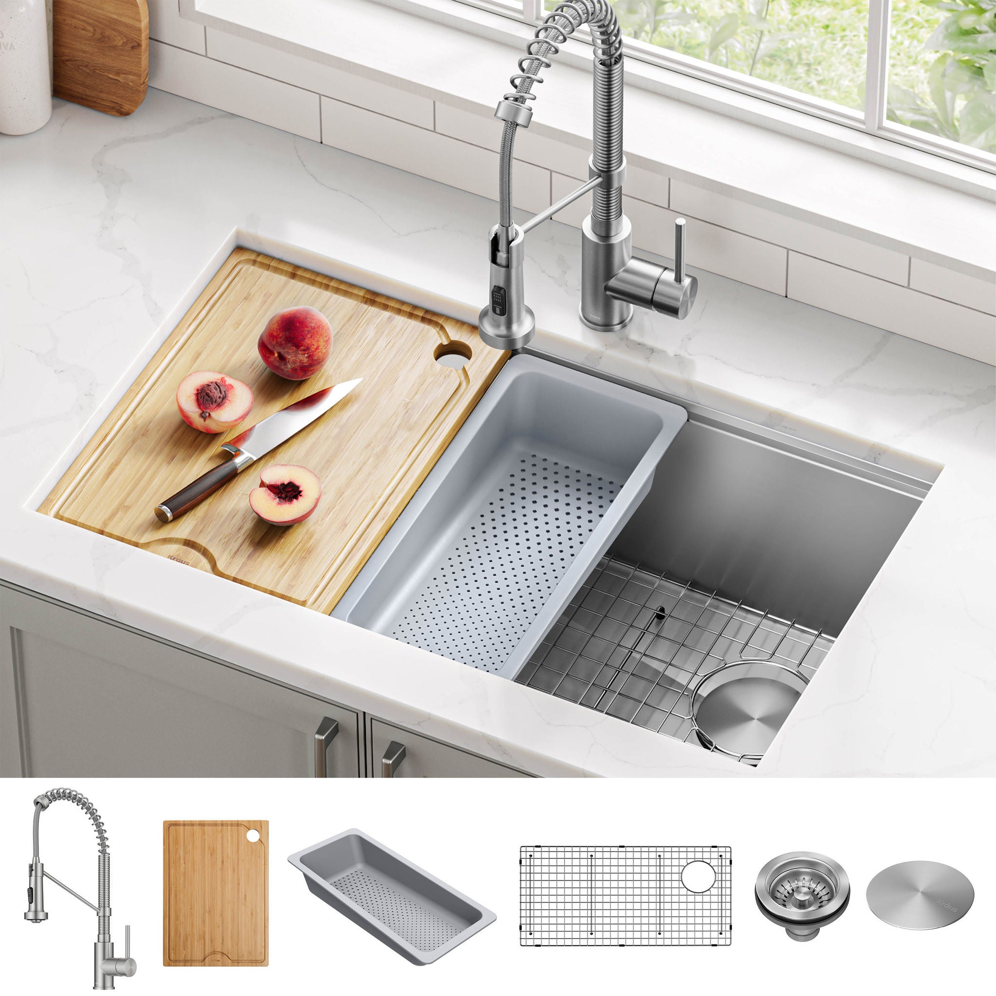 KRAUS Undermount Workstation Kitchen Sink with Pull Down Faucet
