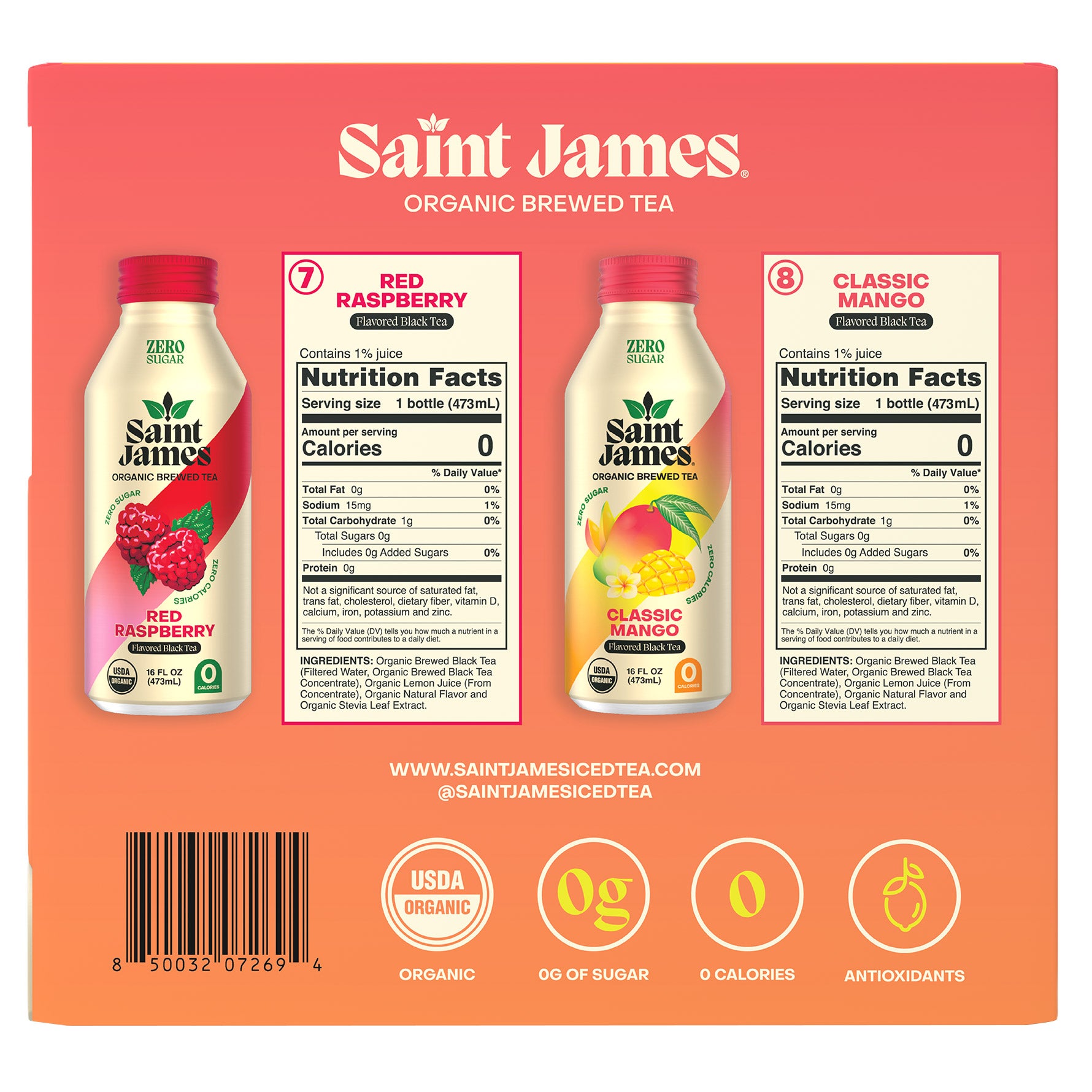 Saint James Organic Brewed Tea, Variety Pack, 16 fl oz, 15-count