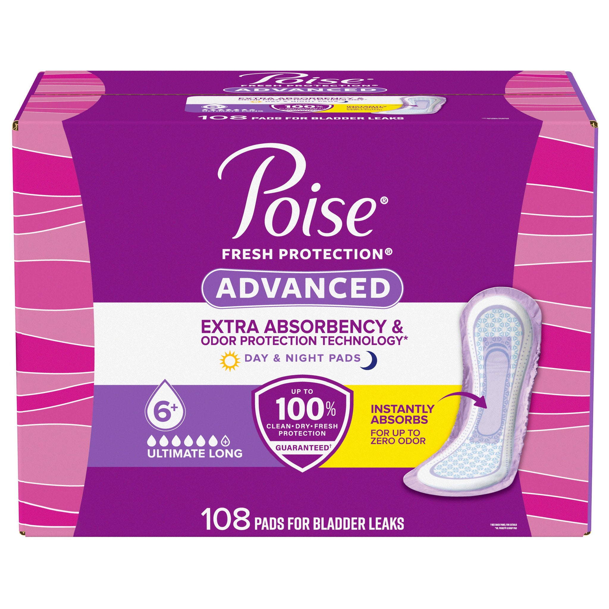 Poise Advanced Ultimate Absorbency Incontinence and Postpartum Long Pads, 108-Count