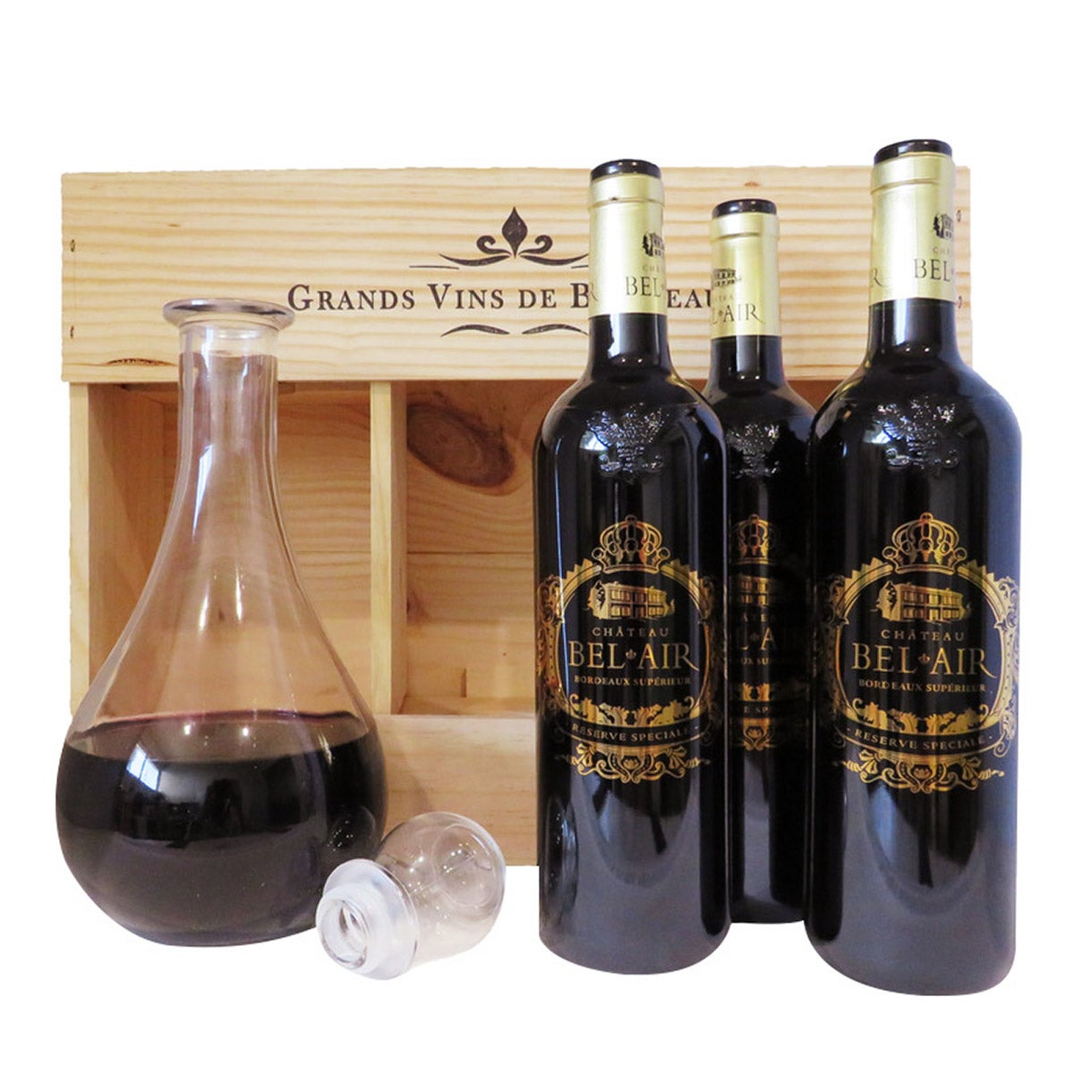Chateau Bel Air,Three Bordeaux Superieur 2018, and Decanter Set 3- 750 ml, CA ONLY