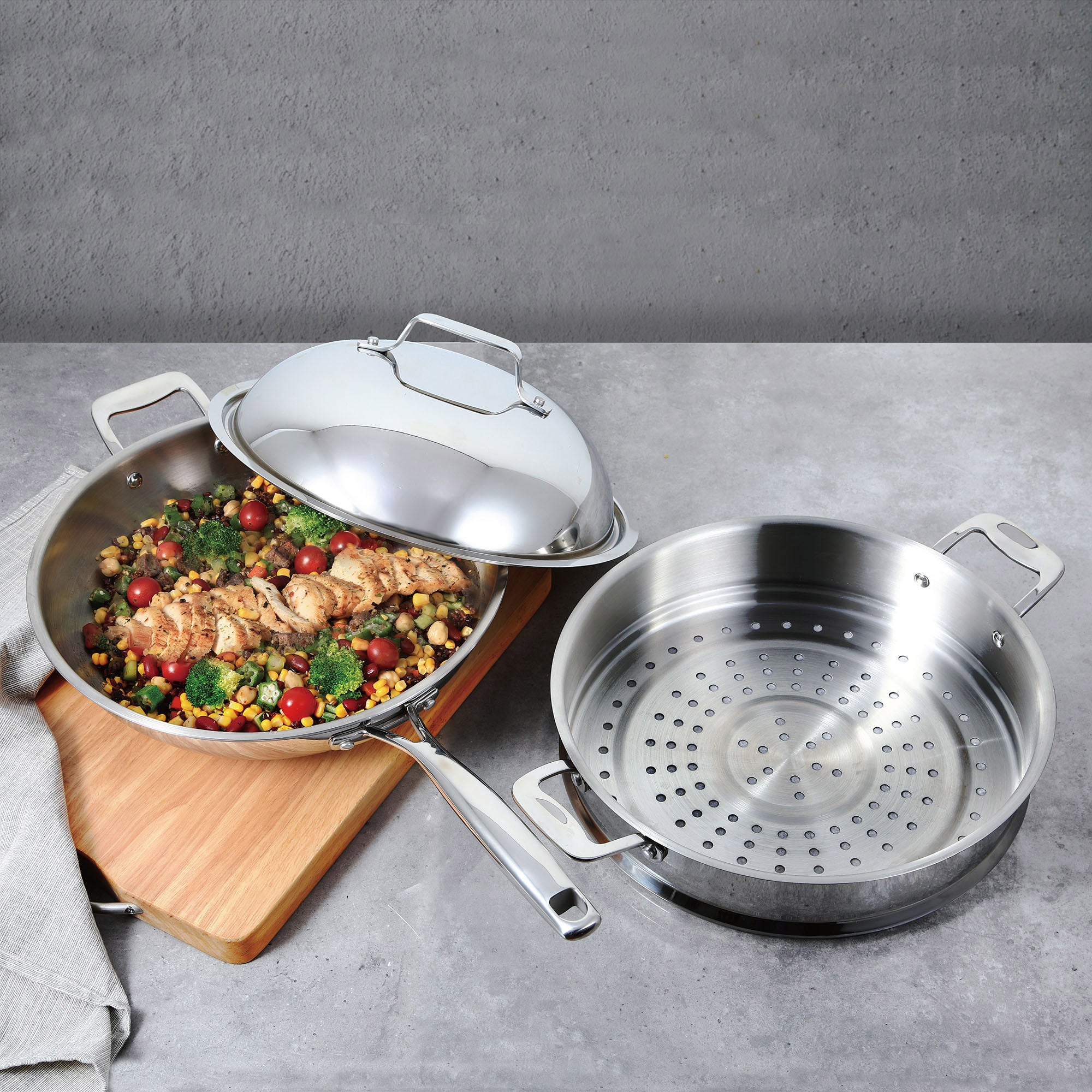 Stainless Steel 12.5" Wok with Lid and Steamer