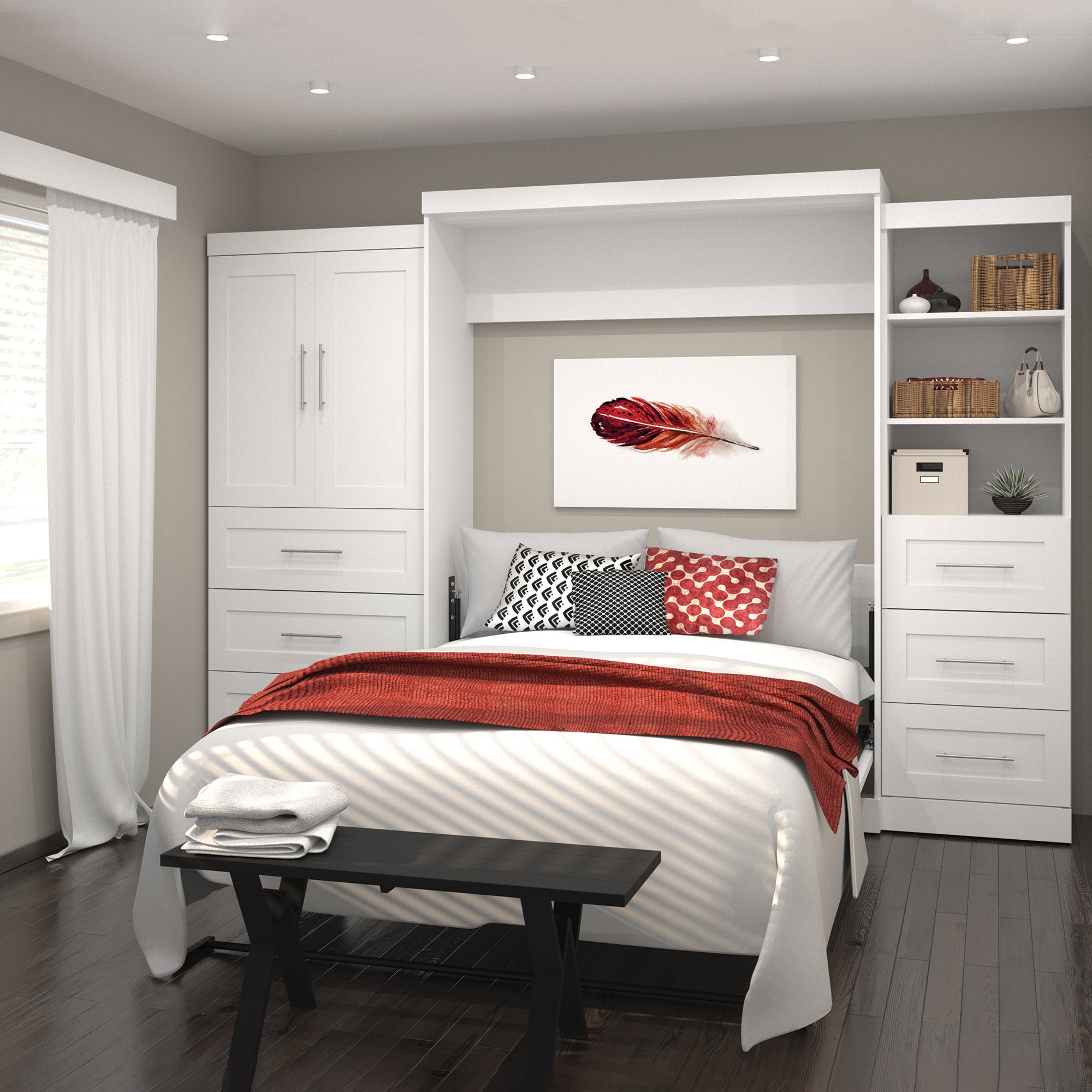 Boutique Queen Wall Bed with One 36" Storage Unit with Drawers and Door, and One 25" Storage Unit with Drawers in White