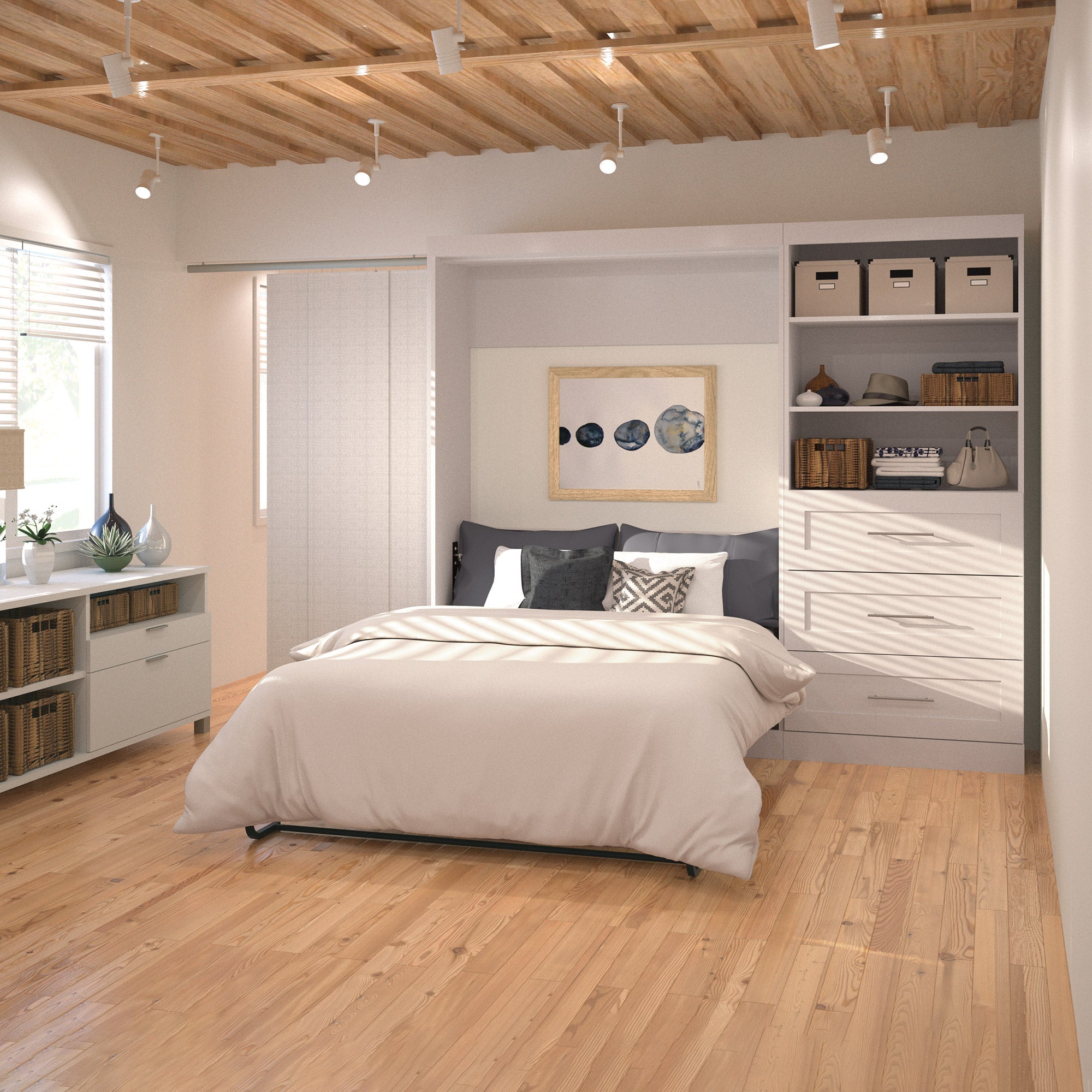Boutique Full Wall Bed with One 36" Storage Unit with Drawers in White