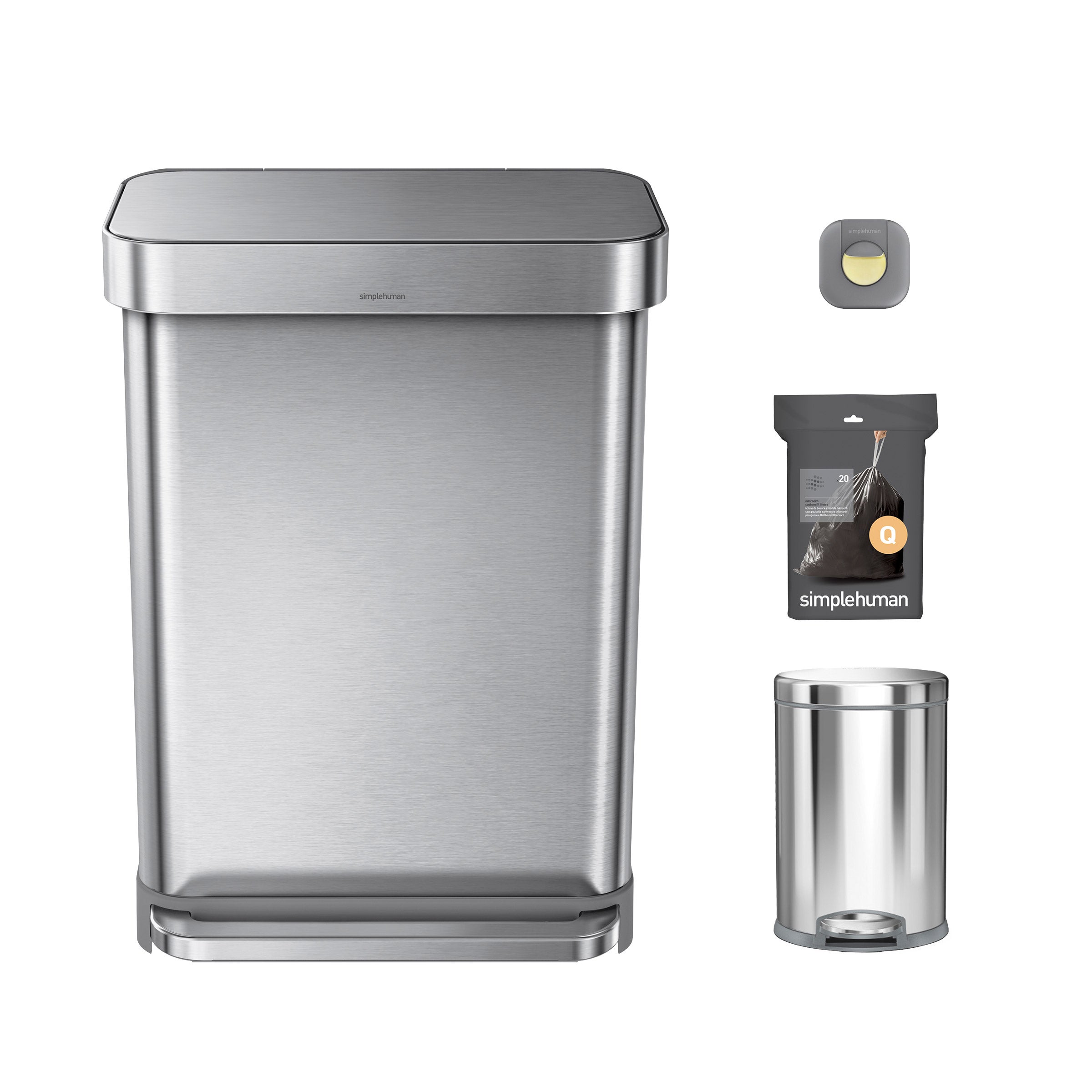 simplehuman 55L Rectangular Step Can and 4.5L Round Step Can with Odorsorb