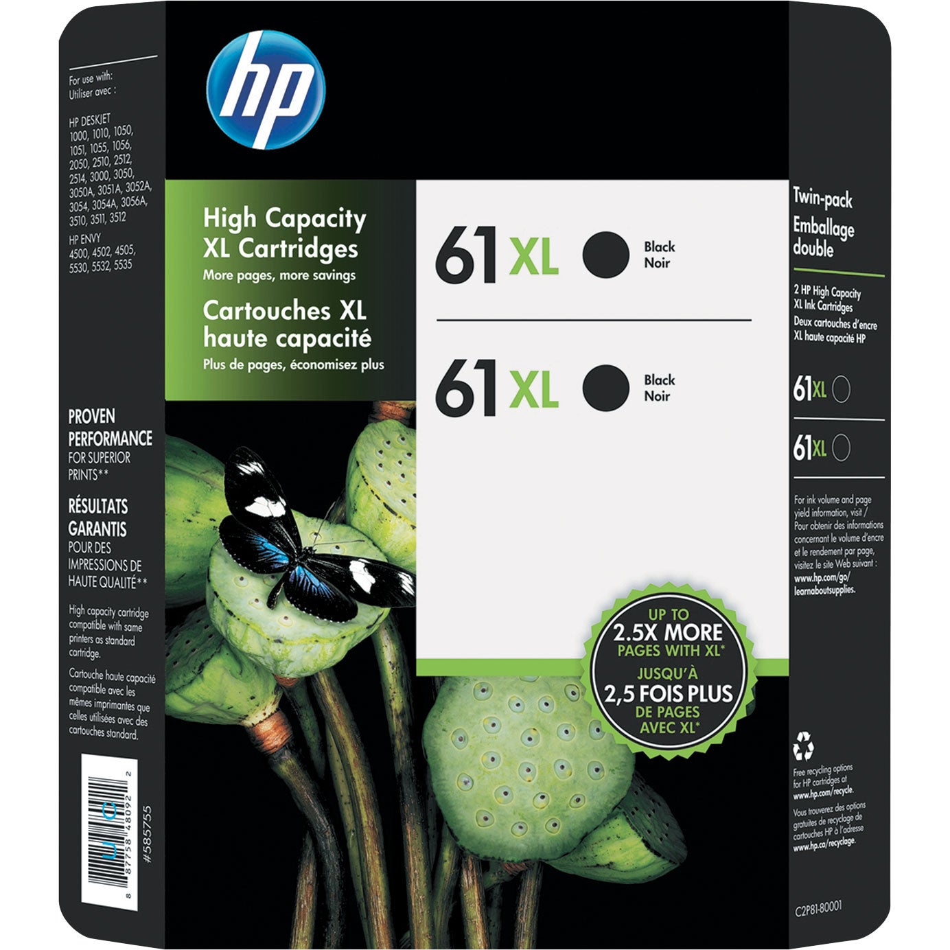 HP 61XL High Yield Ink Cartridge, Black, 2-Count