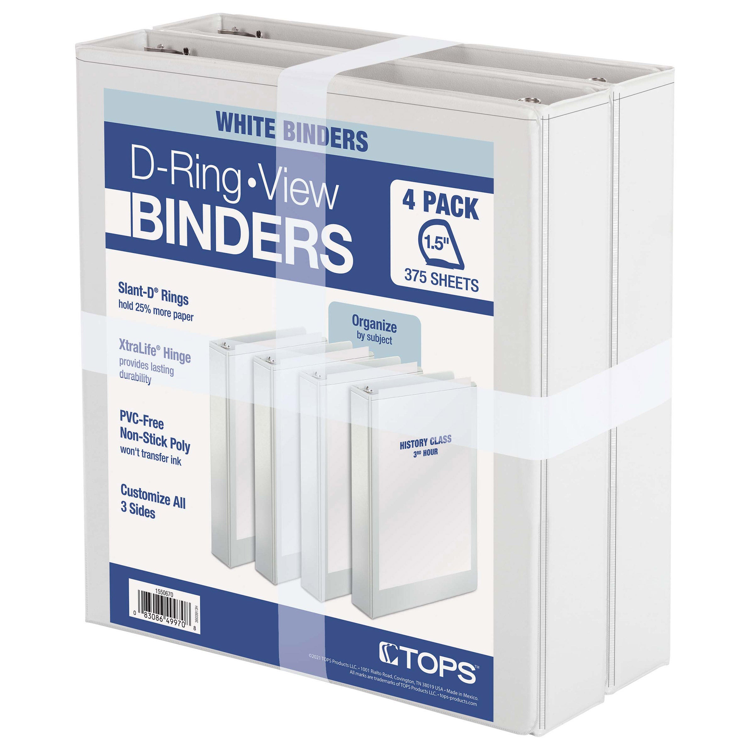 TOPS 1.5” D-Ring View Binders, 4-pack